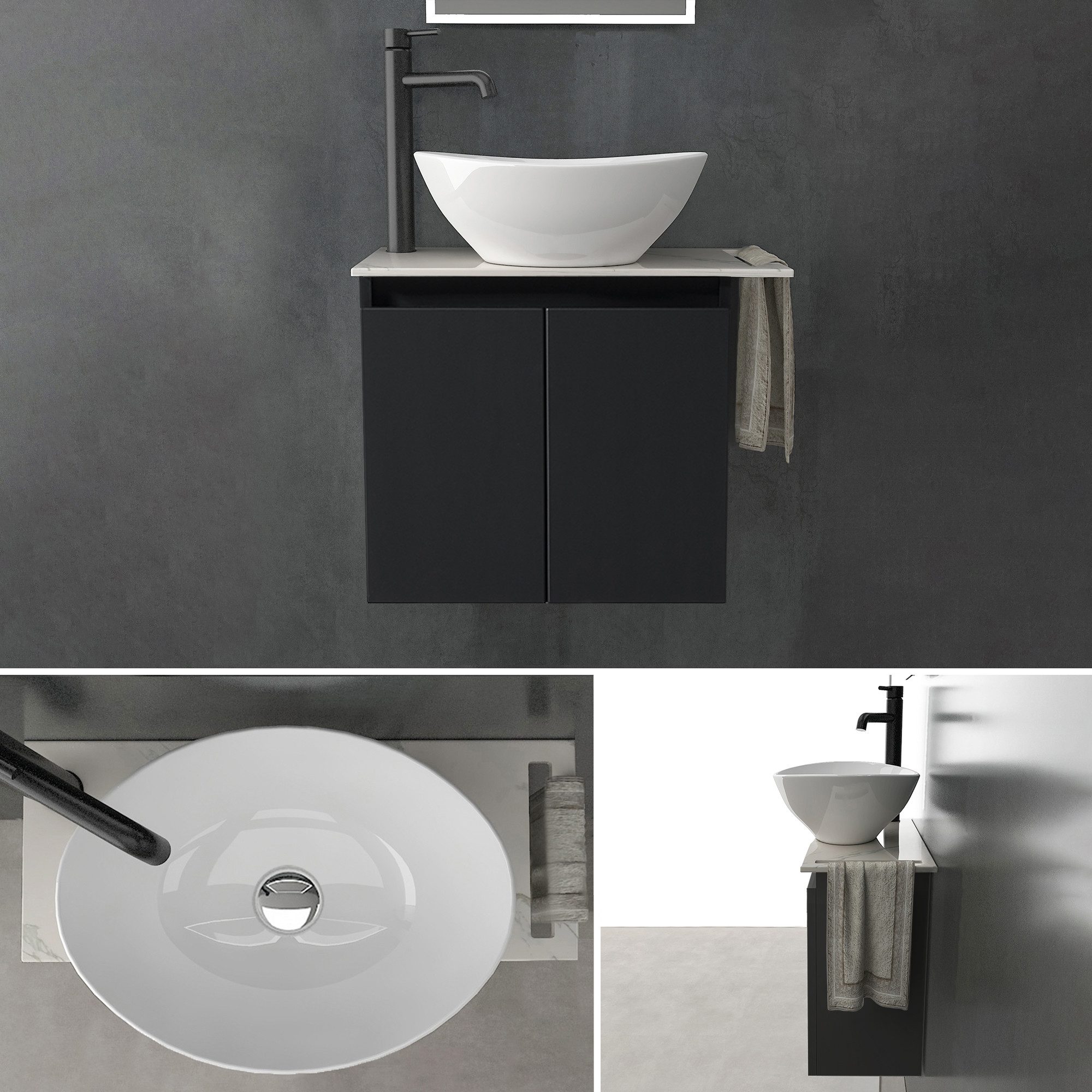 Alpenberger Waschtisch Alpenberger Aufsatzwaschbecken mit Unterschrank hängend (Waschbecken mit Unterschrank für Bad & Gäste-WC, mit Keramik Waschtischplatte), MDF/MFC Waschbeckenunterschrank Schwarz Matt