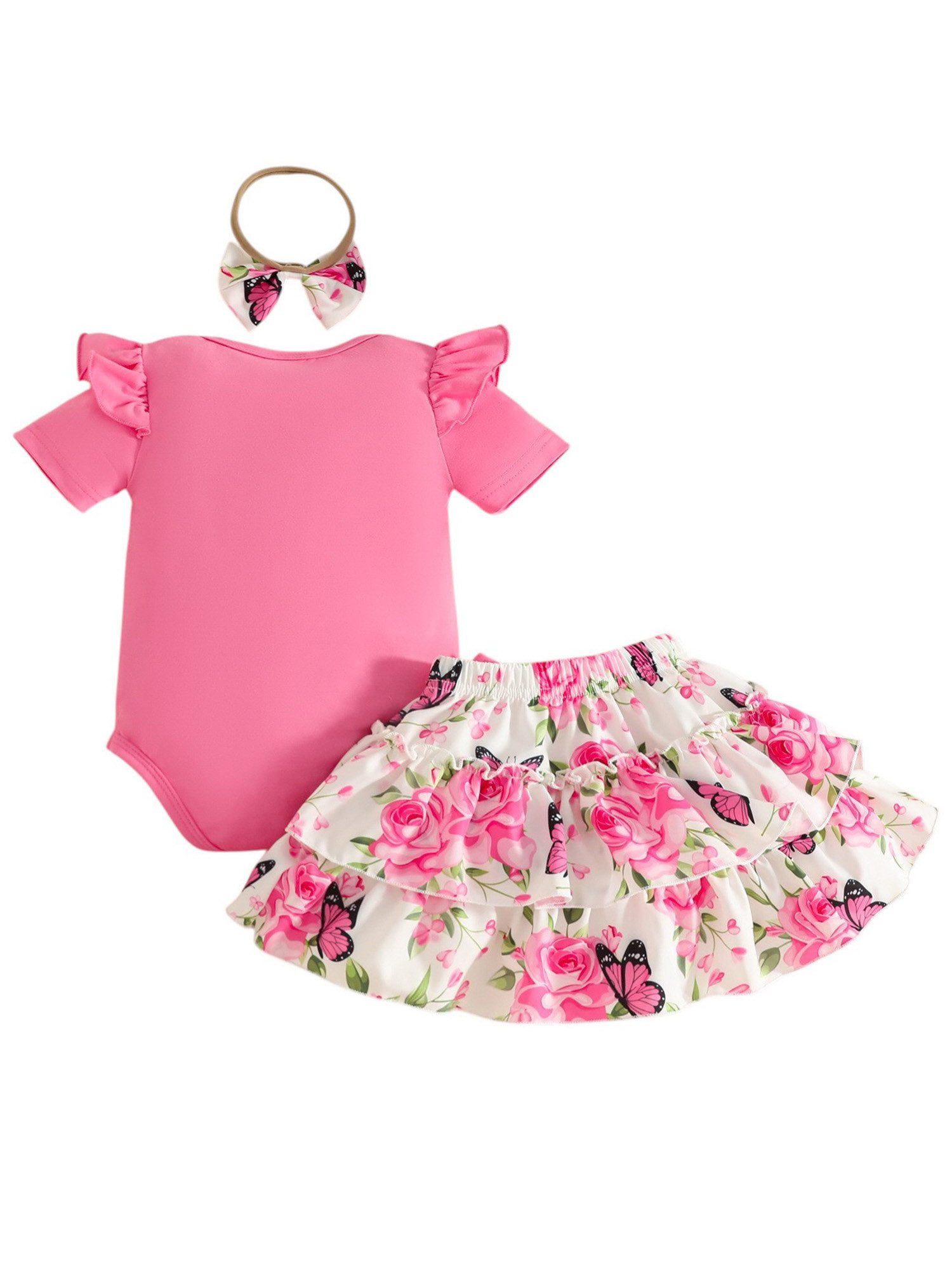 Gluckids Shirt, Rock & Haarband Mädchen Baby-Set, Kurzarm Body mit Rüschen, A-Linie Rock, Haarband (Set, 3-tlg) Süßes Sommer Kleidung, Oberteil mit Rüschen, Rock mit Blumendruck