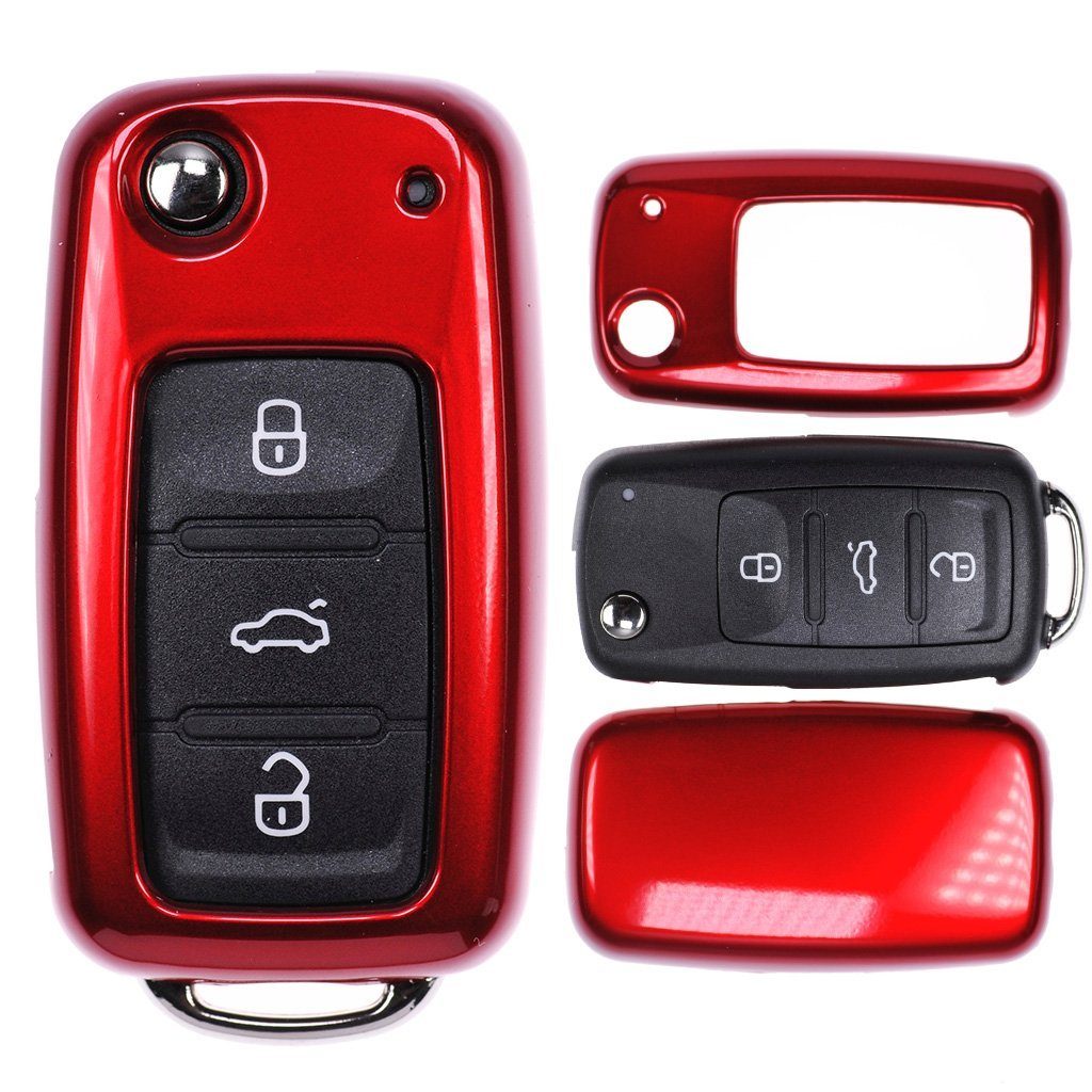 mt-key Schlüsseltasche Autoschlüssel Hardcover Schutzhülle Metallic Rot, für VW UP Golf Polo Seat Ibiza Skoda Octavia Yeti ab 2009 Schlüssel