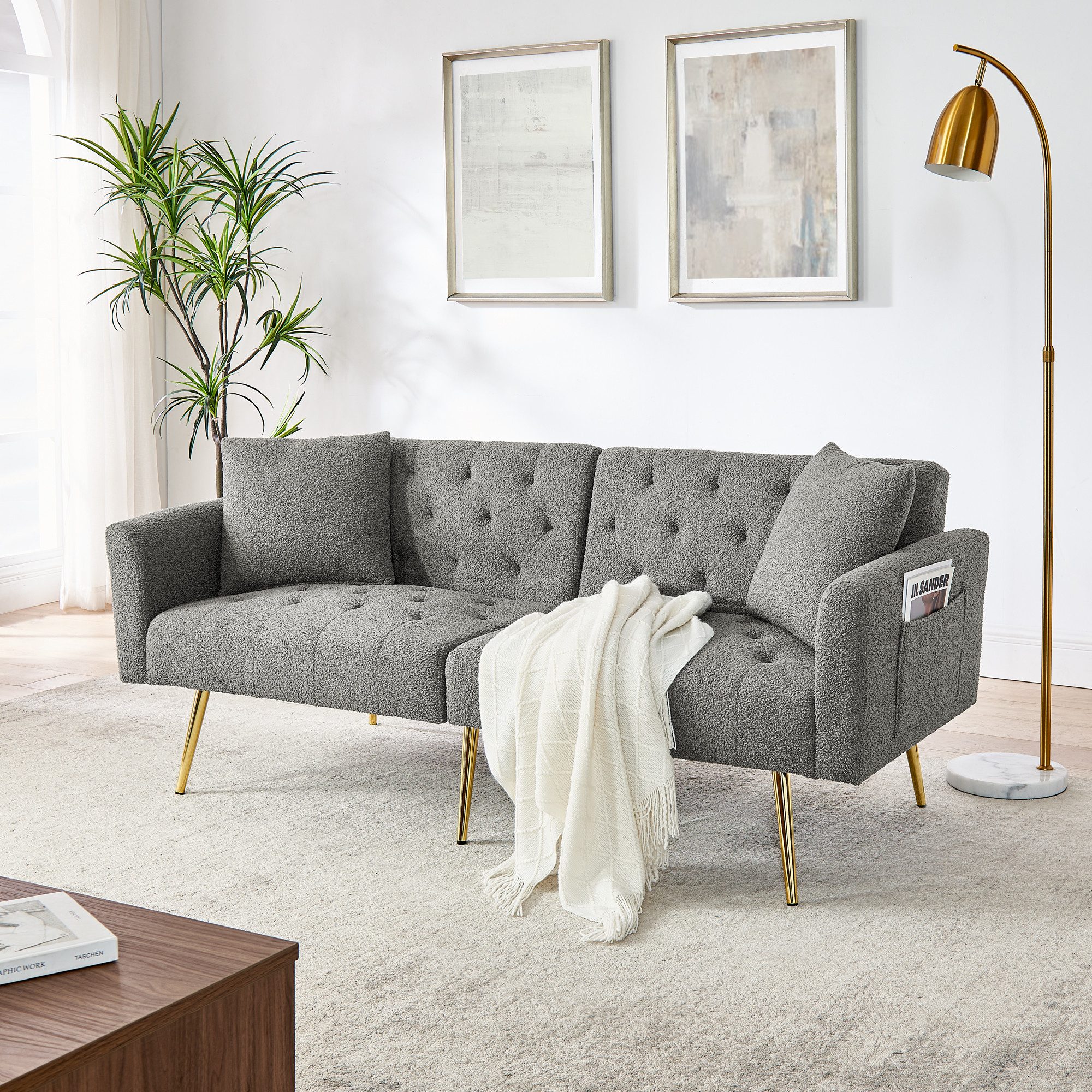 MODFU Schlafsofa Platzsparende Lösung für kleine Wohnungen: 2-Sitzer-Sofa, Set 1 Teile, Mit verstellbarer Rückenlehne aus weichem Teddy-Stoff, 177x78x74 cm