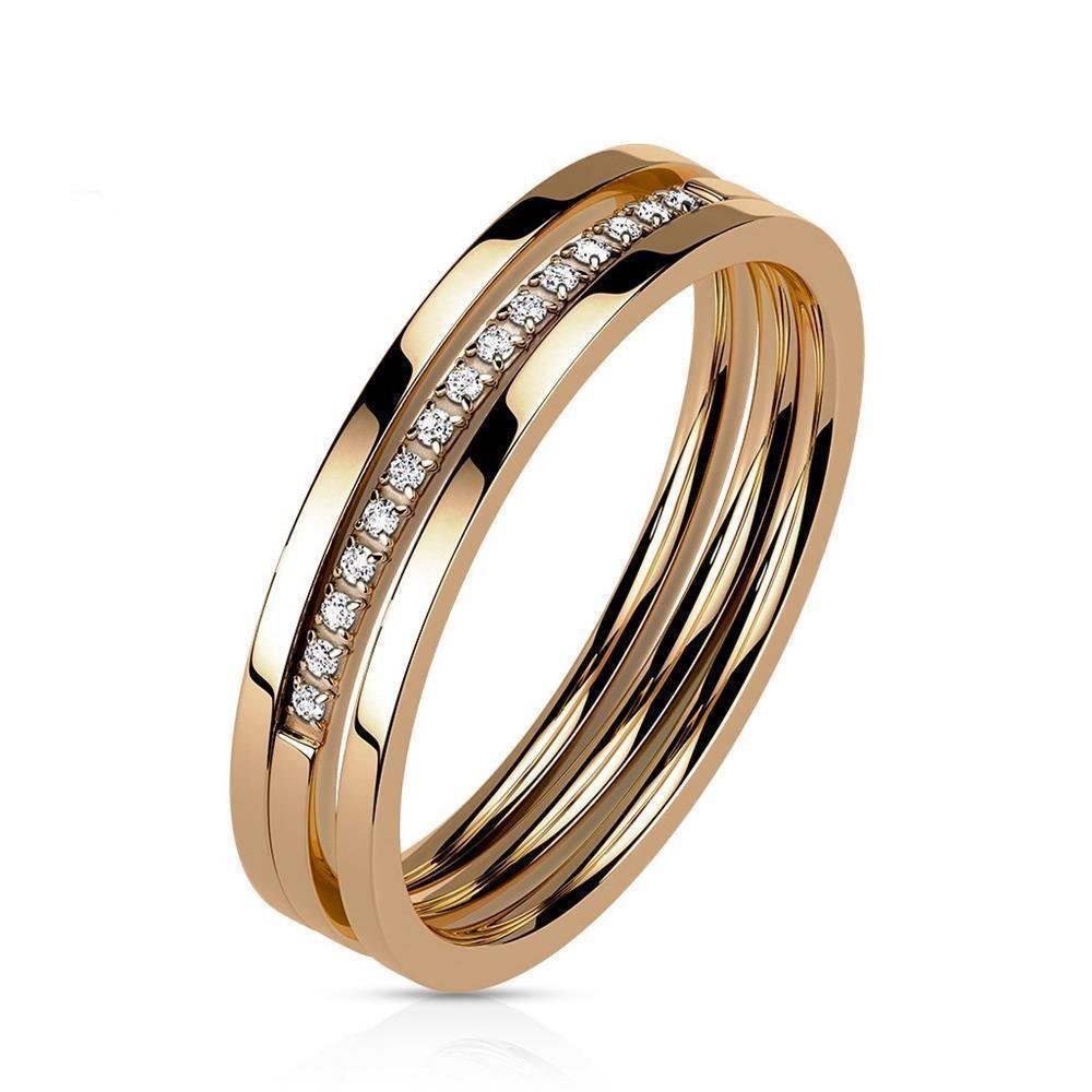 Fingerring 57 (18.1) - Ring dreireihig mit Kristallreihe rosegold Edelstahl Damen