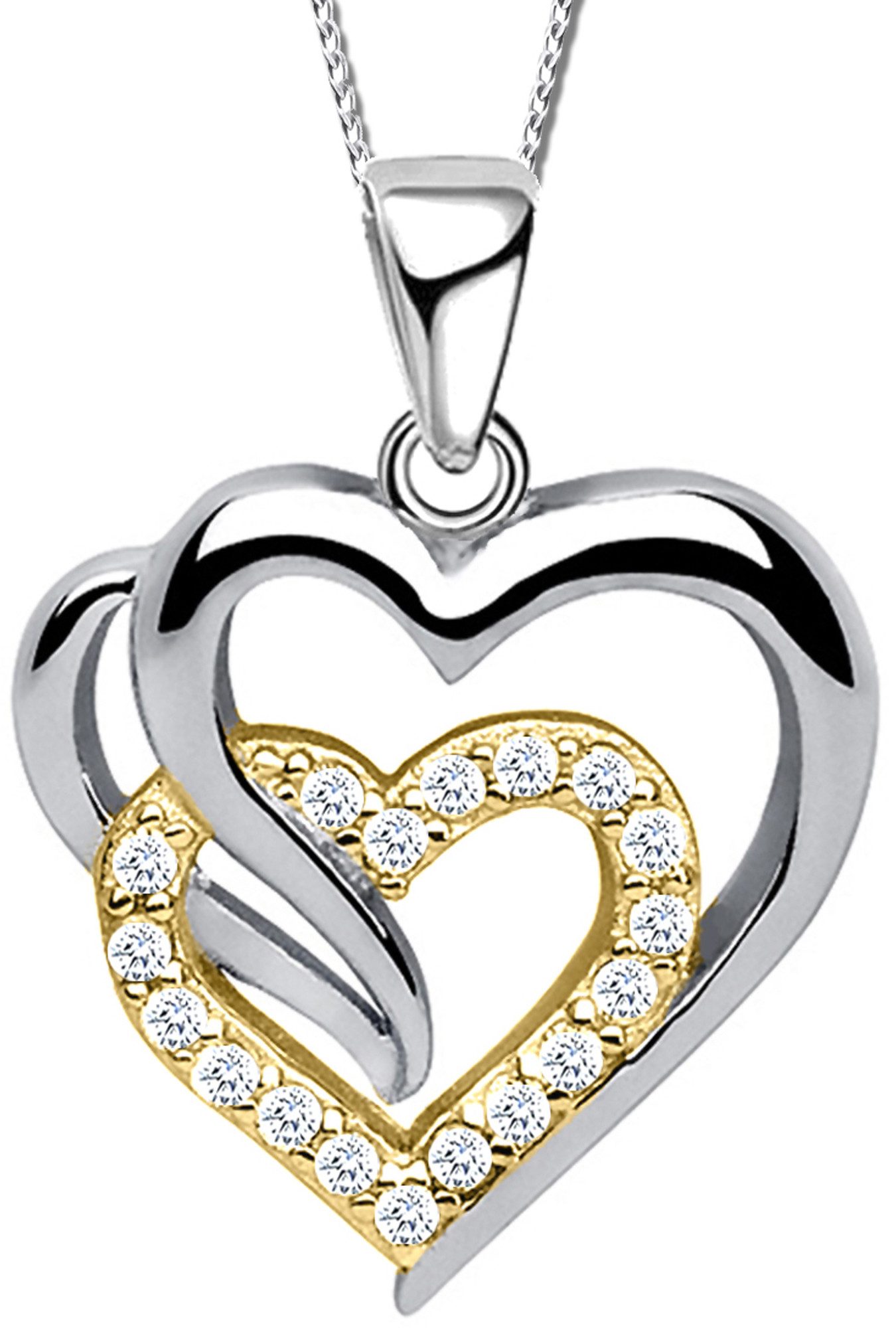 Herzkette Damen Frauen 925 Silber Kette mit Herz Anhänger bicolor