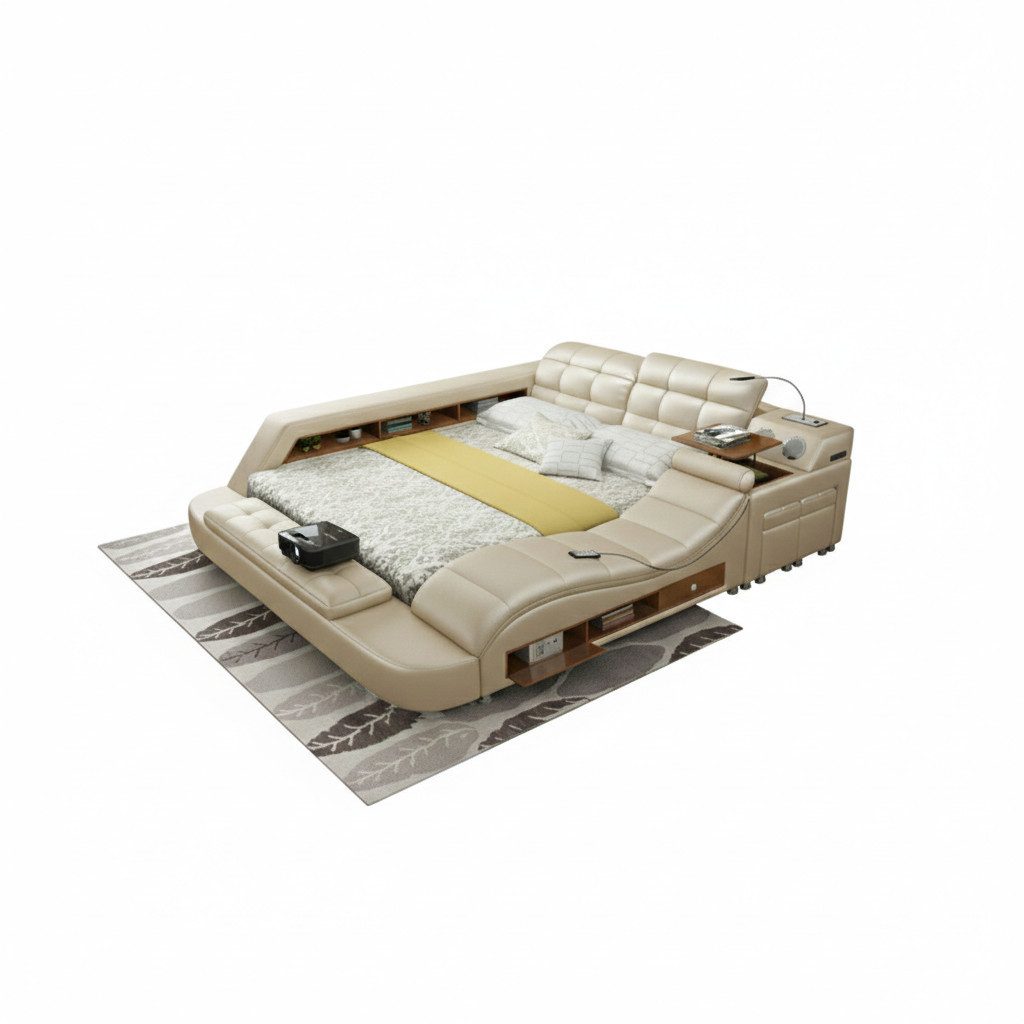 JVmoebel Multimediabett Multifunktionales Bett Moderner Stil Beigefarben Holzrahmen Weich (2-tlg)