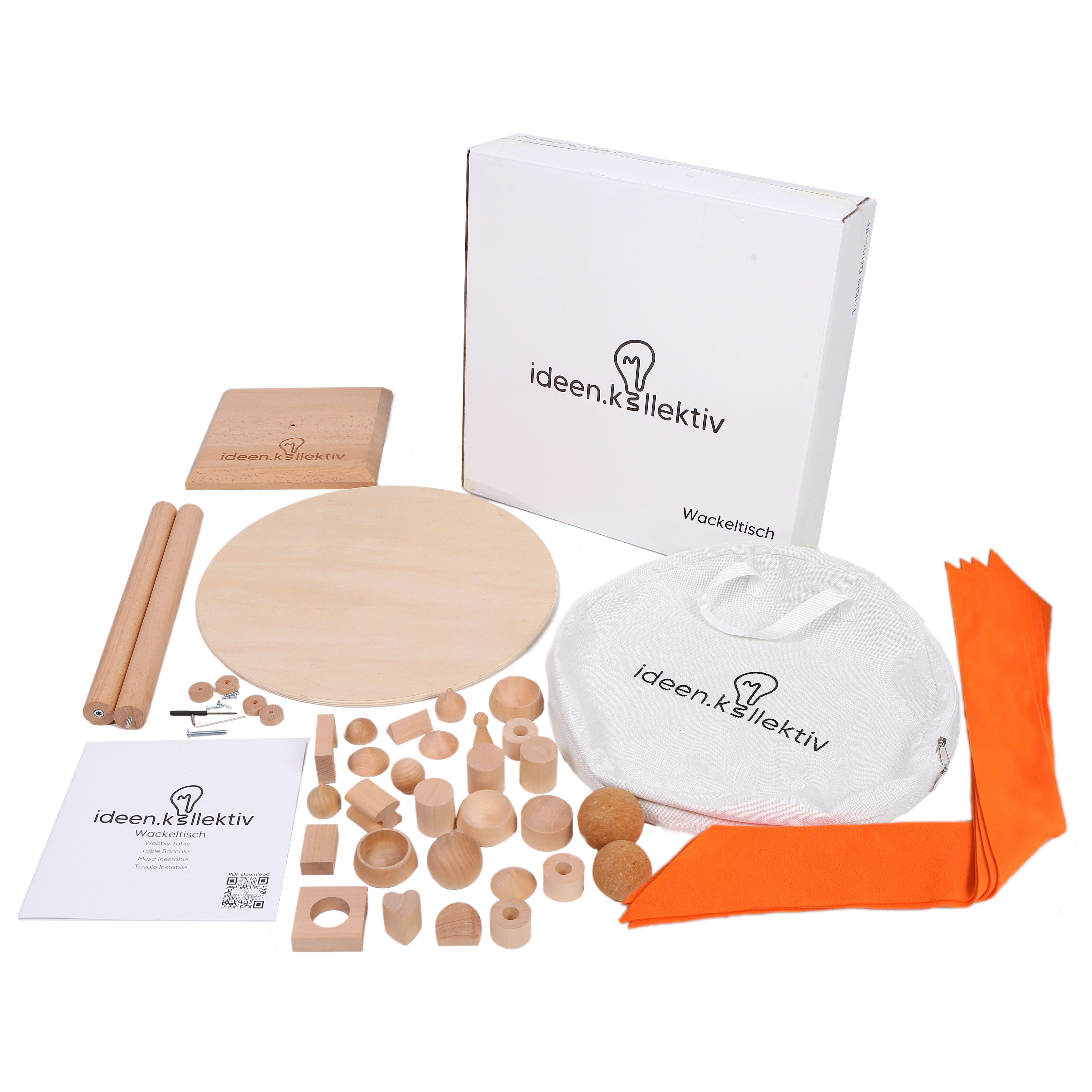 ideen.kollektiv Lernspielzeug ideen.kollektiv Wackeltisch aus Holz – (Balancespiel zur Förderung von Kommunikation, Geschick & Teambuilding), inkl. Tasche & 25 Holzelementen – für Coaching, Training & Teamevents