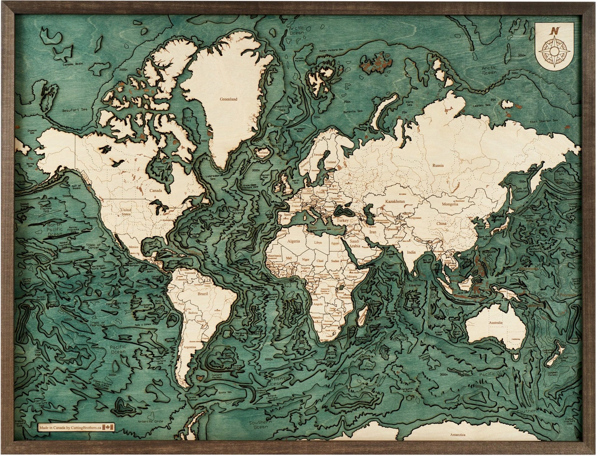 Cutting Brothers Holzbild Weltkarte World map 81x61 cm, 3D Holz-Wandkarte, handgefertigt aus Echtholz