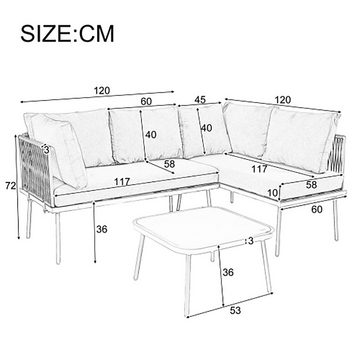 Sweiko Gartenlounge-Set L-förmiges Gartenmöbel-Set, (Lounge-Set aus Seil mit Sitzkissen, 2 Sofas und 1 Tisch, verstellbaren Füßen), Grau
