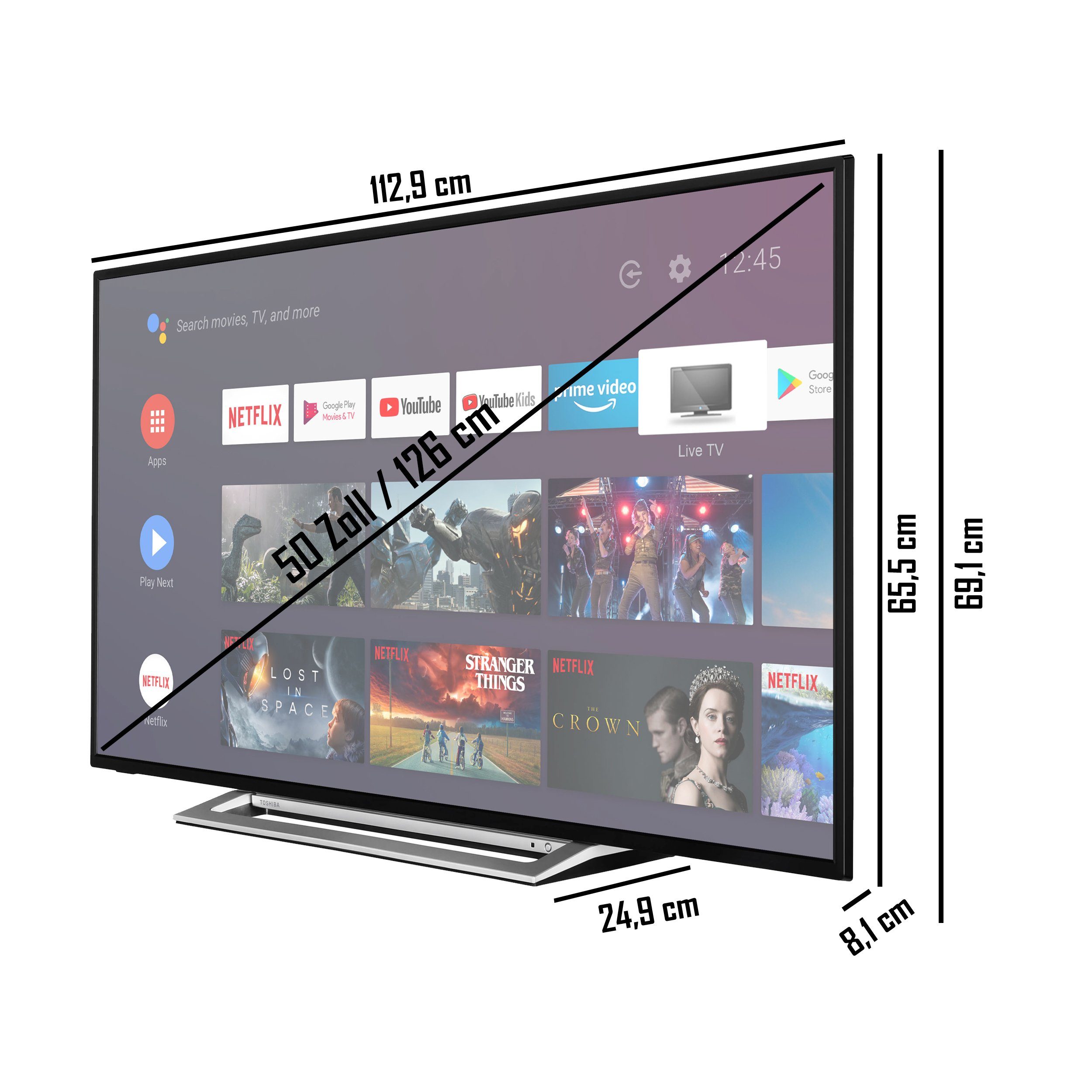 Toshiba 50UA3A63DG LCD-LED Fernseher (126 cm/50 Zoll, 4K Ultra HD, Android  TV, Triple-Tuner, Bluetooth, WLAN, Google Play Store, Google Assistant,  Dolby Vision HDR, Sound by Onkyo)