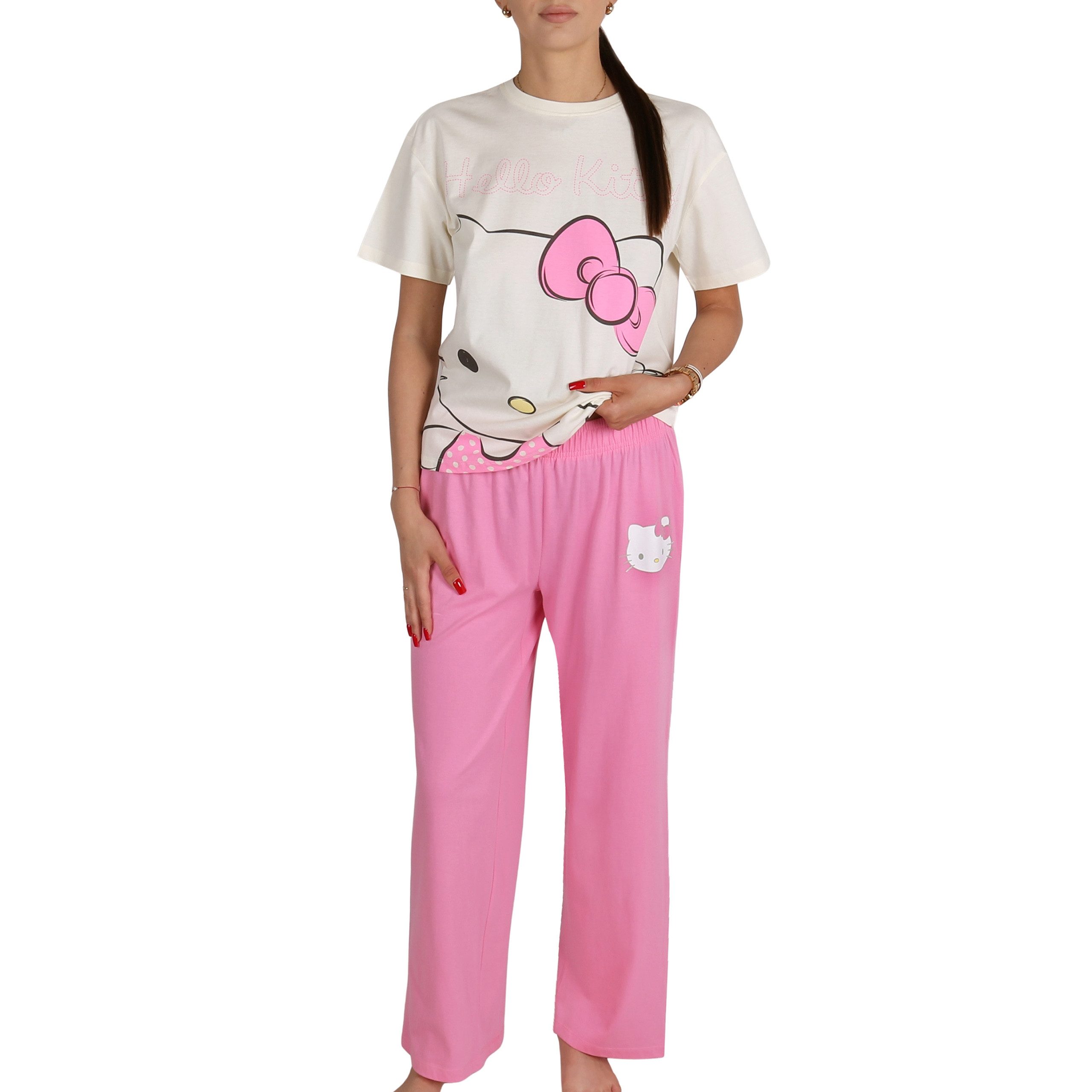 Hello Kitty Schlafanzug Hello Kitty Damen-Baumwollpyjama, 2-teilig, Kurzarm & lange Hose