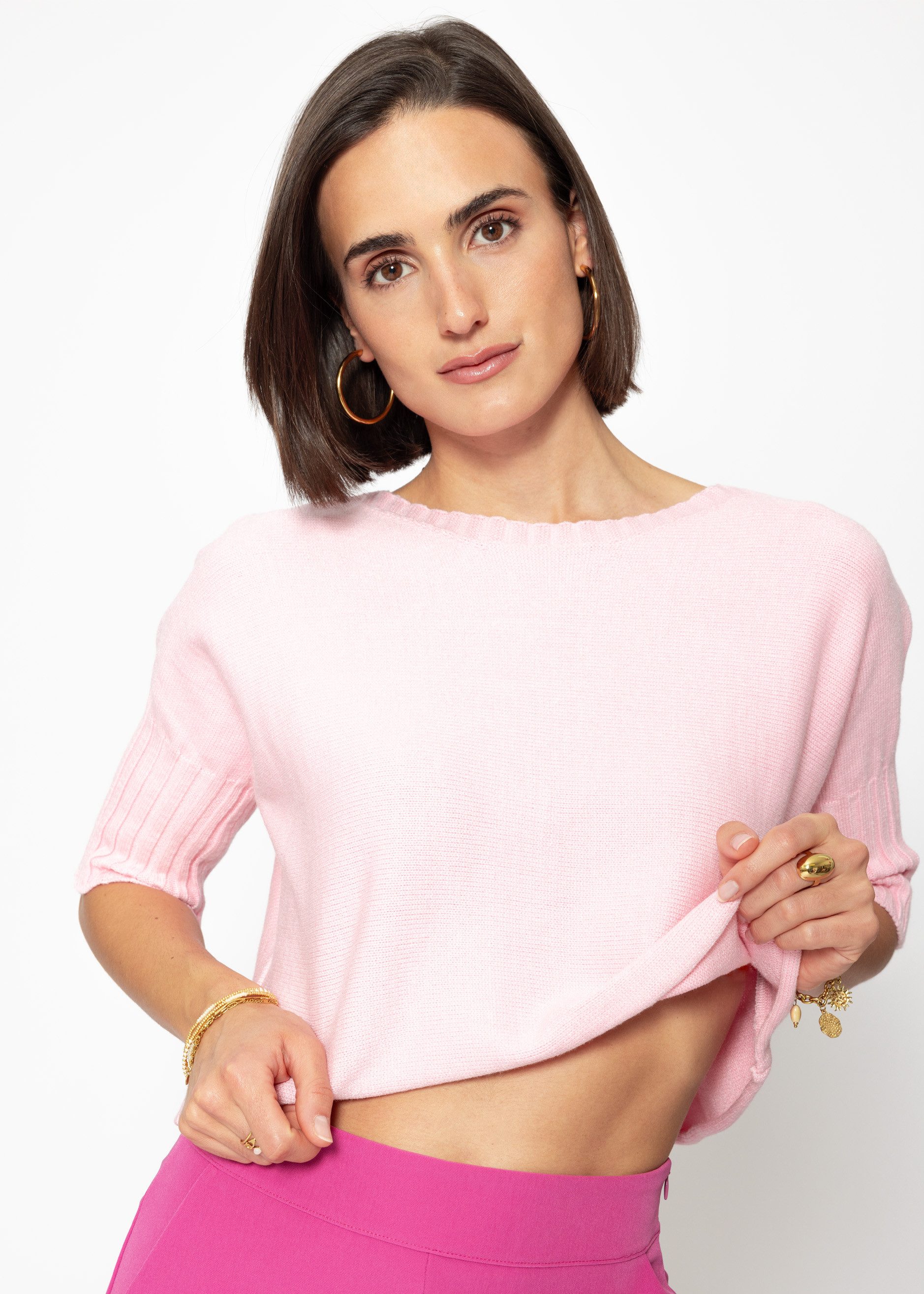 SASSYCLASSY Strickpullover Kurzarm Strickpullover Damen mit weitem Rundhals günstig online kaufen