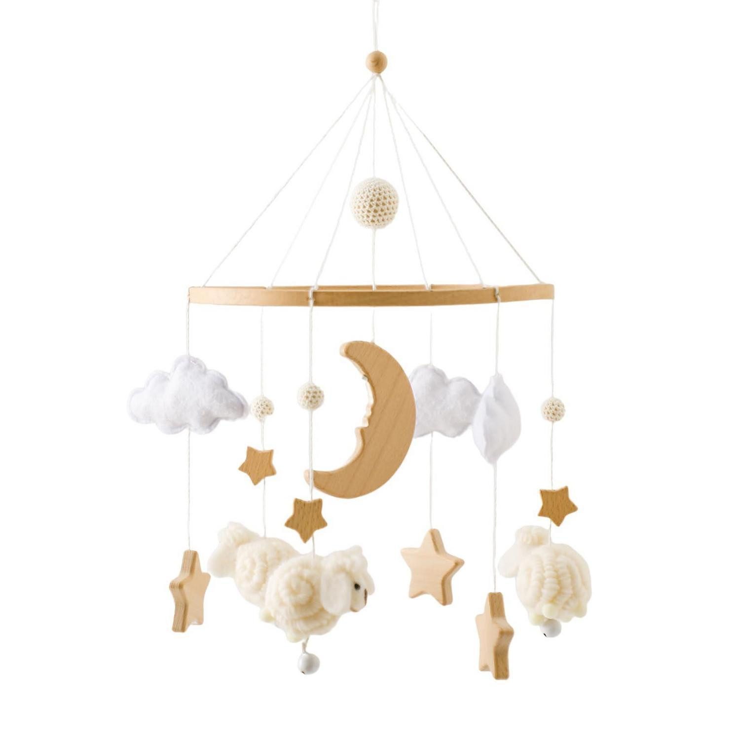 LuxusKollektion Mobile Mobile Holz Schaf Filzkugeln Stern Mond Wolken Beige Sheep Mobile