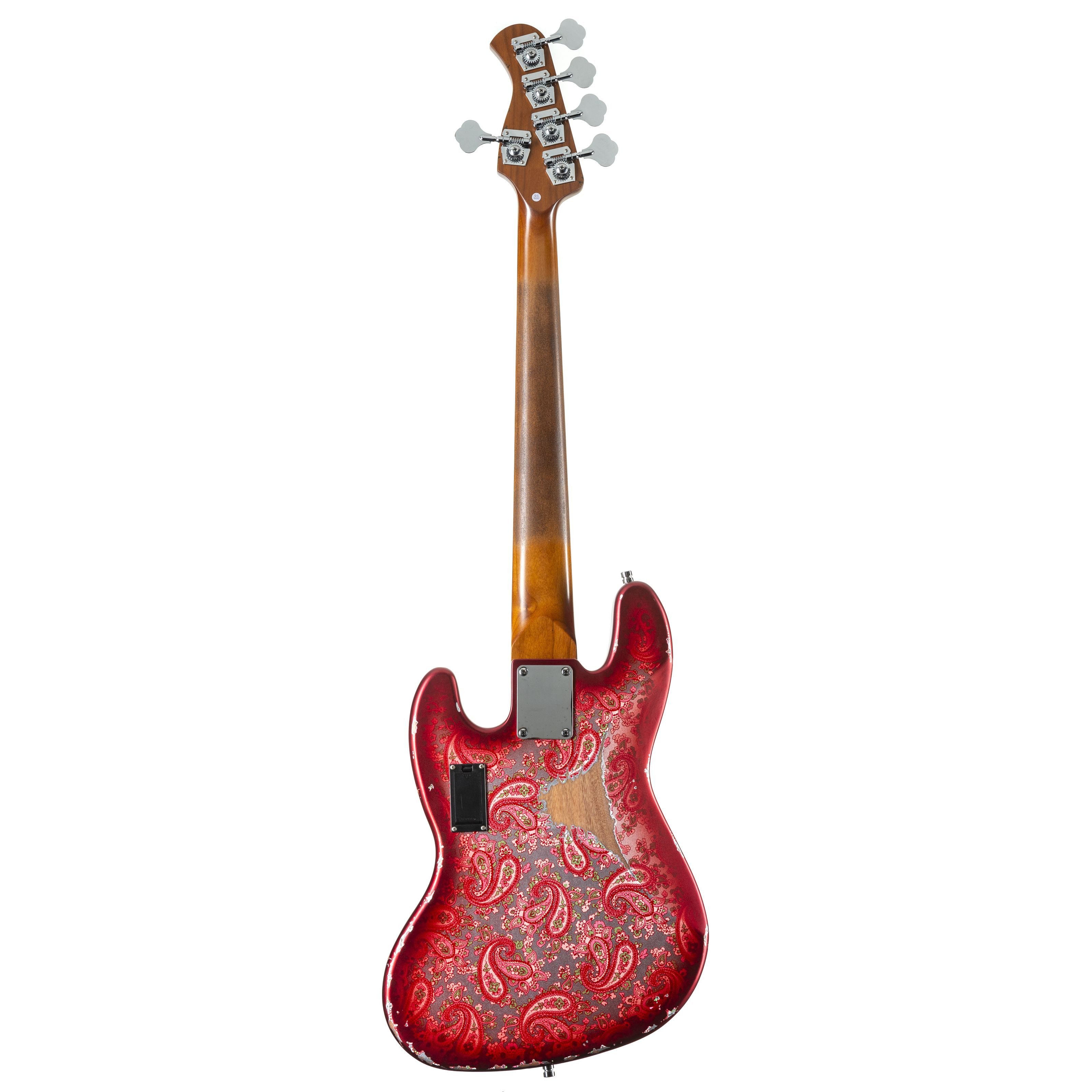 FAME E-Bass, E-Bässe, 5-Saiter E-Bässe, Custom JB 5 Worn Candy Apple Red over Pink Paisley - E-Bass