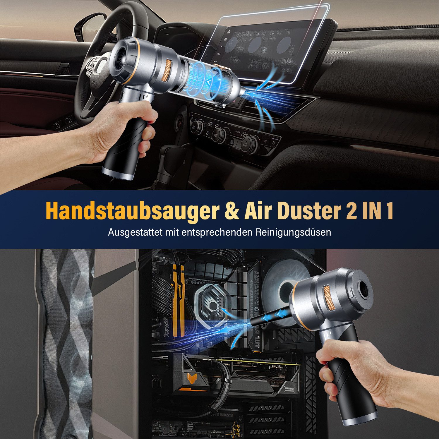 AIBISTAR Akku-Handstaubsauger Kabellos Handstaubsauger klappbar Air Duster 2in1 100.000 U/min, 6000mAh,20000 Pa,3 verstellbare Saugstufen,Klappbarer Griff