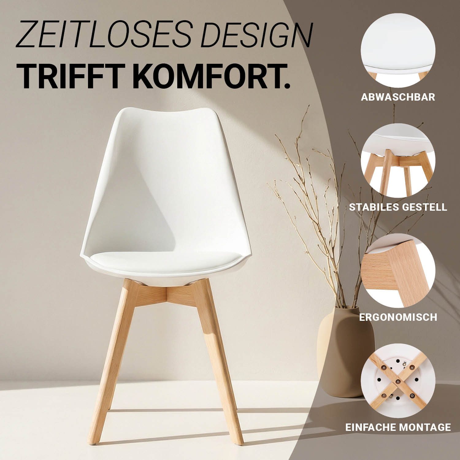 Homestyle4u Küchenstuhl Esszimmer Stühle Esstisch Küche Esszimmer Weiß Grau Schwarz (Spar-Set, 2 St), 2er Set, 2 Stühle, Skandinavisch, stabil – Bild 4 von 5