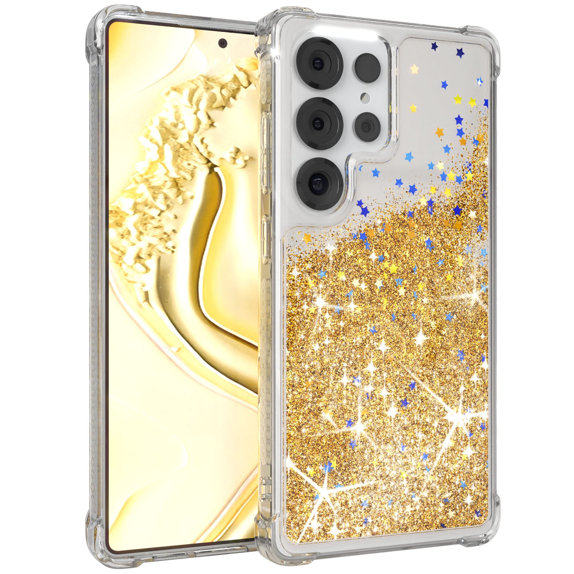 EAZY CASE Handyhülle Liquid Glittery Case für Samsung Galaxy S25 Ultra 6,9 Zoll, Durchsichtig Back Case Handy Softcase Silikonhülle Glitzer Cover Gold