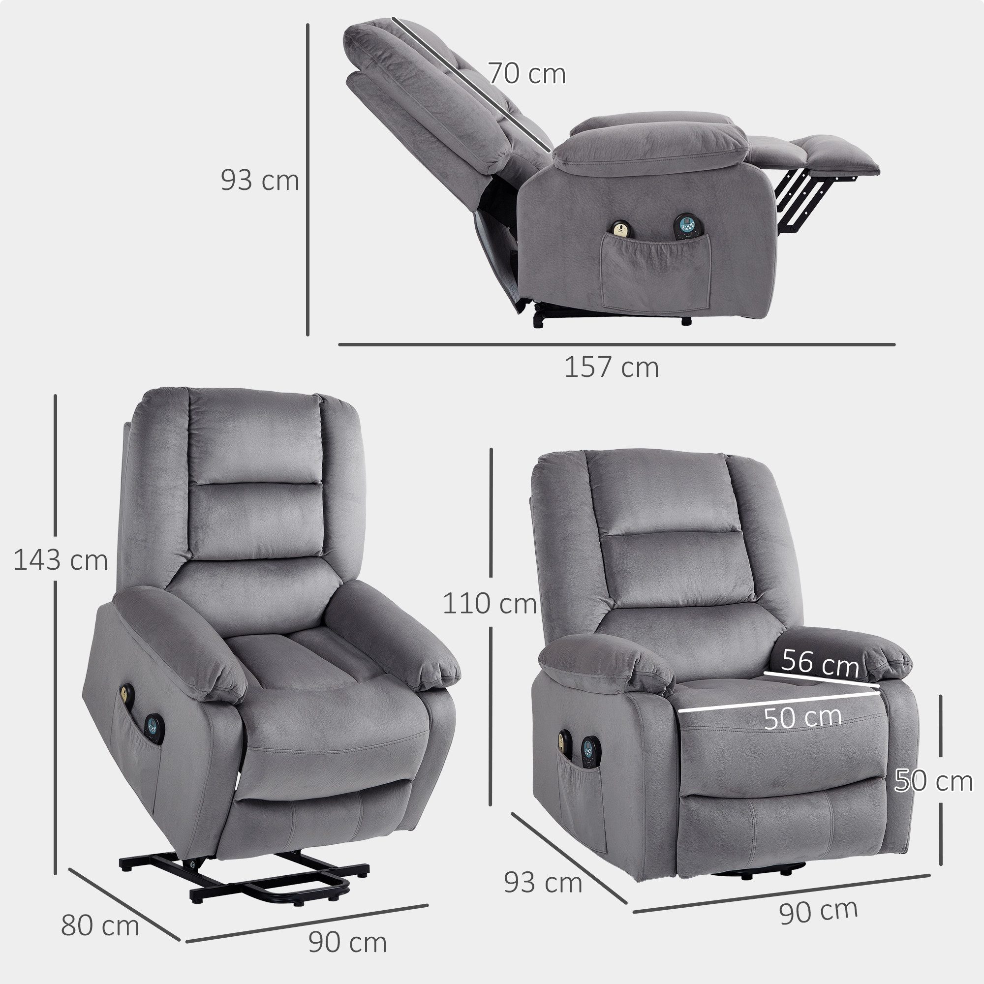 HOMCOM Relaxsessel Aufstehhilfe Elektrisch Fußteil Samtoptik (Massagesessel mit Liegefunktion, Wärme- und Massagefunktion, 1-St., TV Sessel mit Taschenfederkernsystem), Fernbedienung, Seitentasche, Dunkelgrau