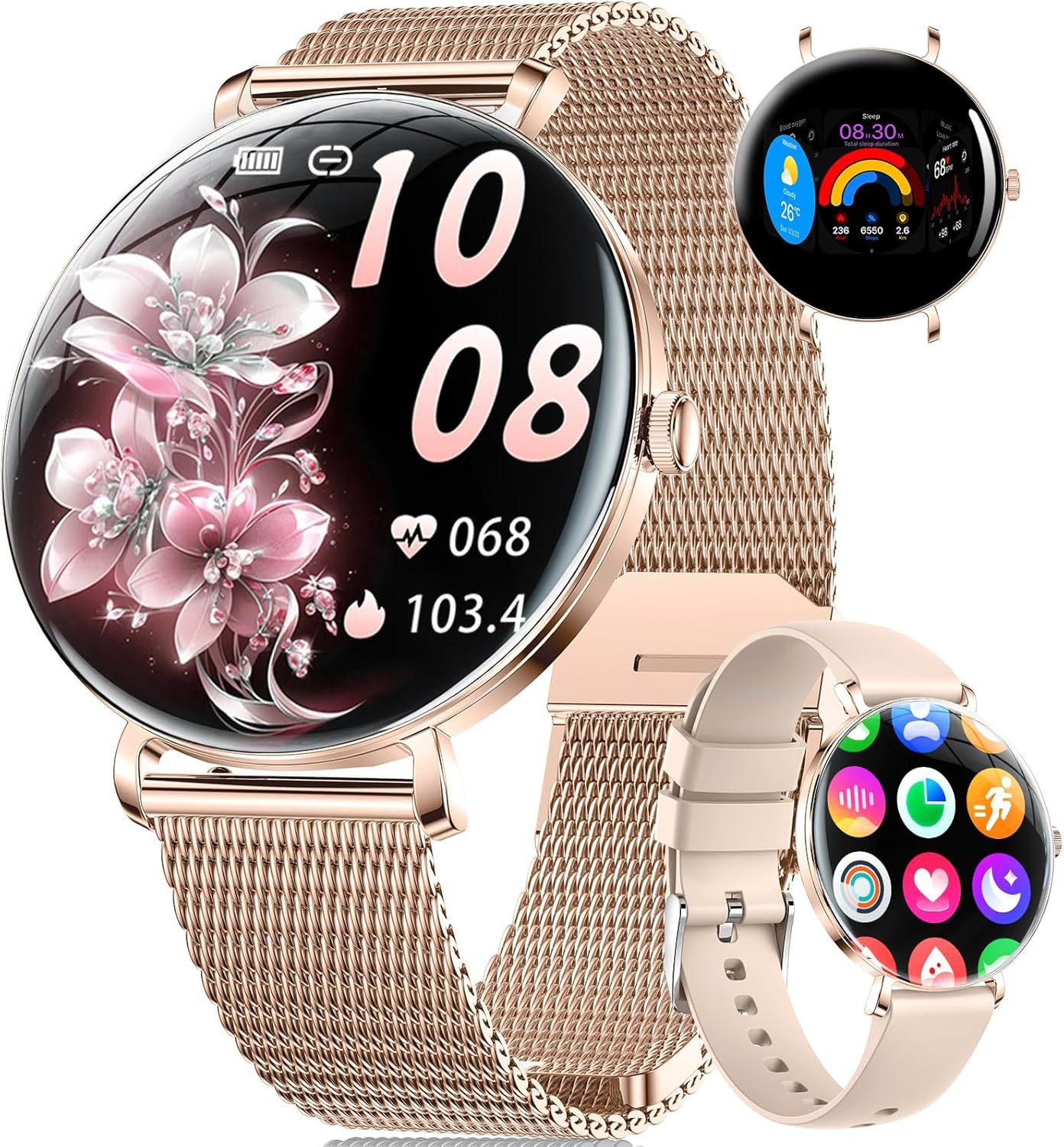 SUNKTA Smartwatch (3,8 cm, android ios), Slim Smartwatch mit 1.43" AMOLED Display, Bluetooth Anrufen