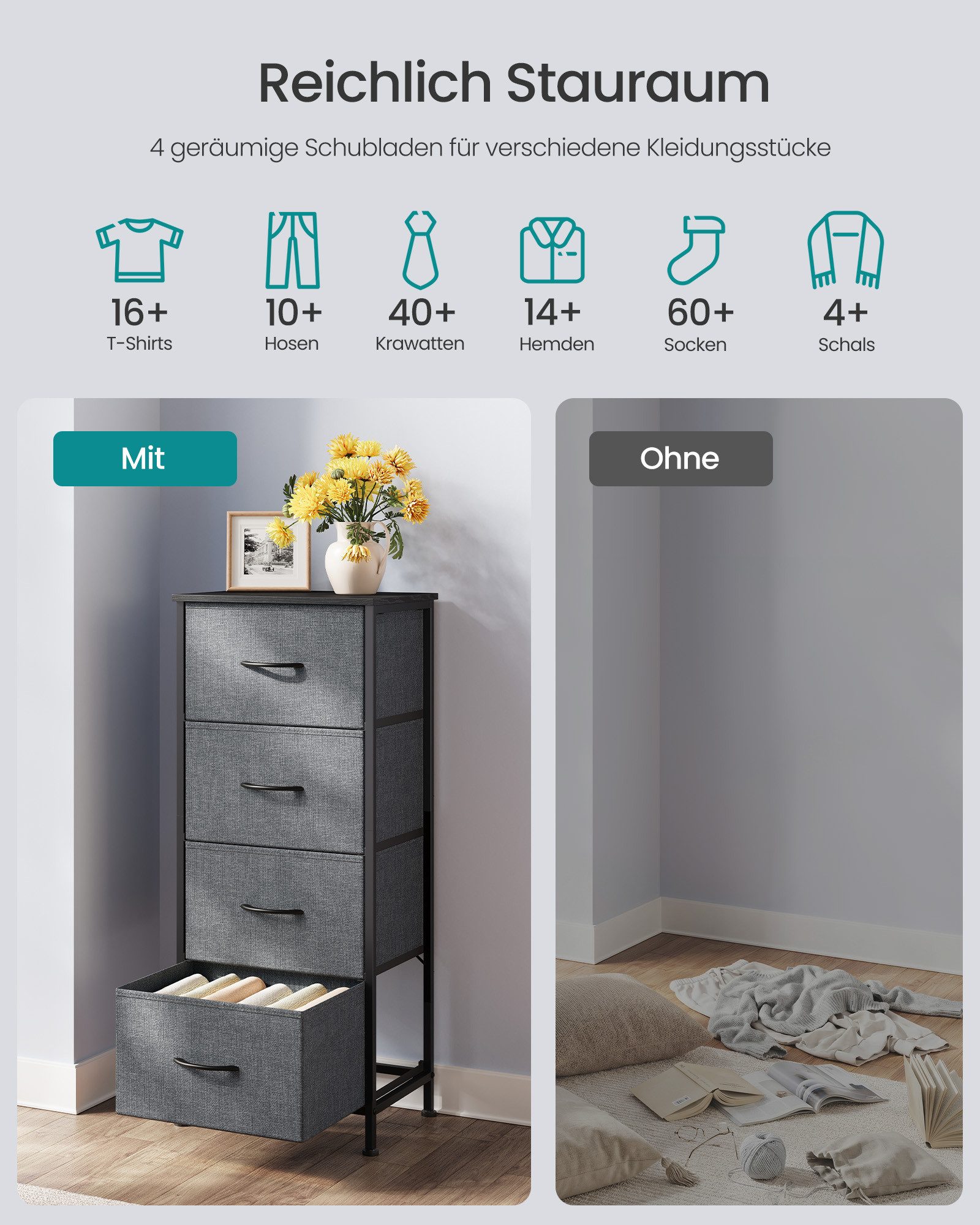 SONGMICS Kommode Schrank mit 3/4/5 Schubladen, Aufbewahrungsschrank, Stahl, MDF, Vliesstoff, für Schlafzimmer