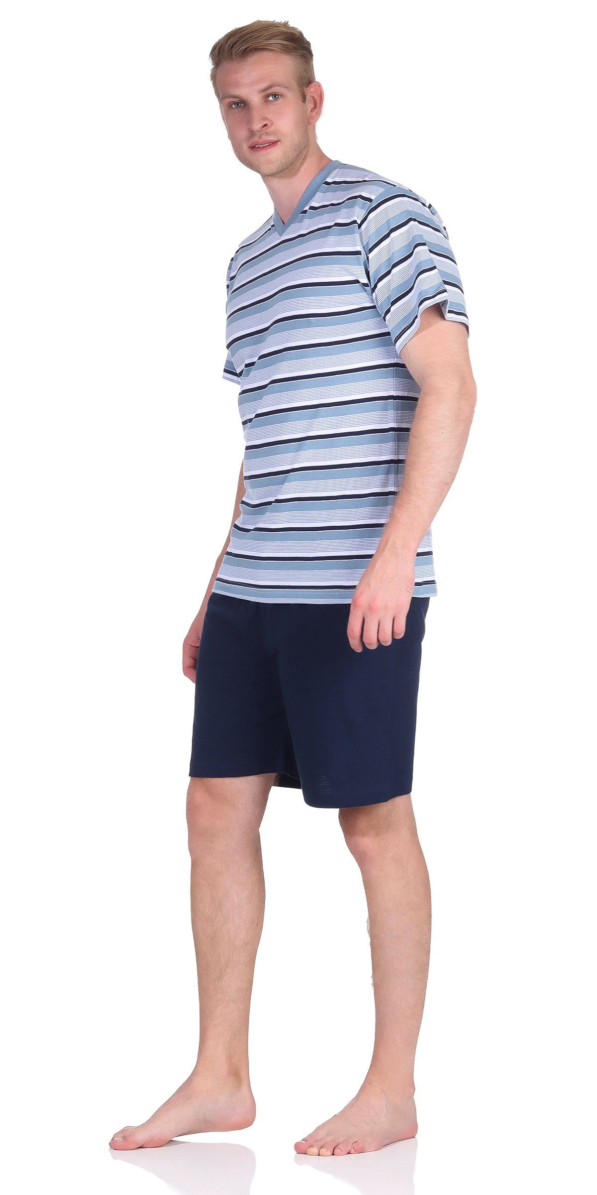 Single-Jersey Herren Moonline Shorty Schlafanzug Blau Shorty 100% V-Ausschnitt mit Kurzarm Baumwolle