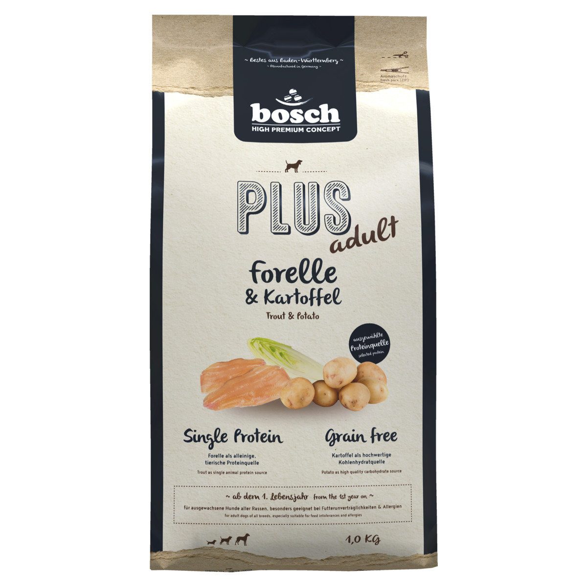 Bosch Petfood PLUS mit Forelle & Kartoffeln 1 kg, Trockenfutter für: Hund
