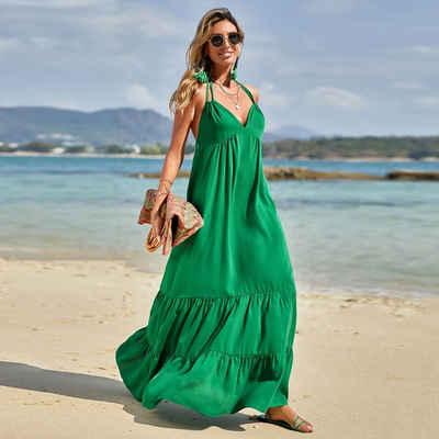 BlauWave Strandkleid Langes ärmelloses Sommerkleid für Frauen (lässiges Kleid mit dünnen Trägern, 1-tlg) gestufte Rüschen, Boho-Stil