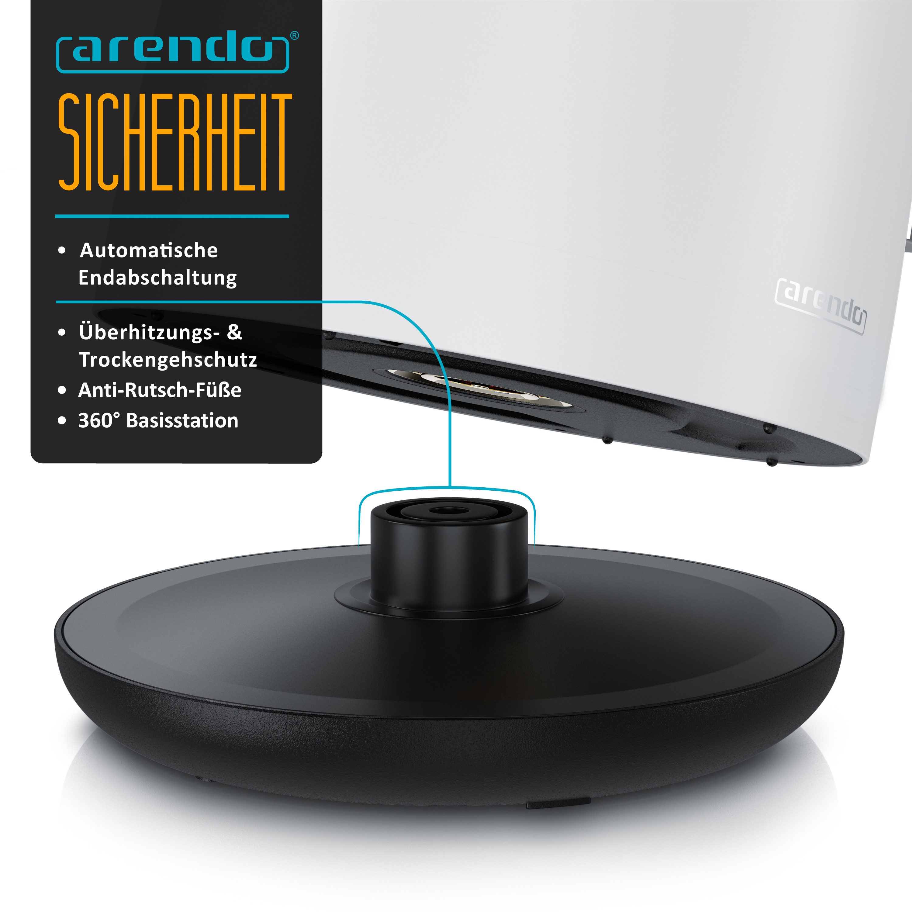Arendo Wasserkocher aus Edelstahl, 360° Controller, Doppelwand-Design, weiß matt, 1,5 l, 2200 W, Teekocher, Cool-Touch-Griff, Überhitzungsschutz, BPA-frei, kabe – Bild 5 von 5