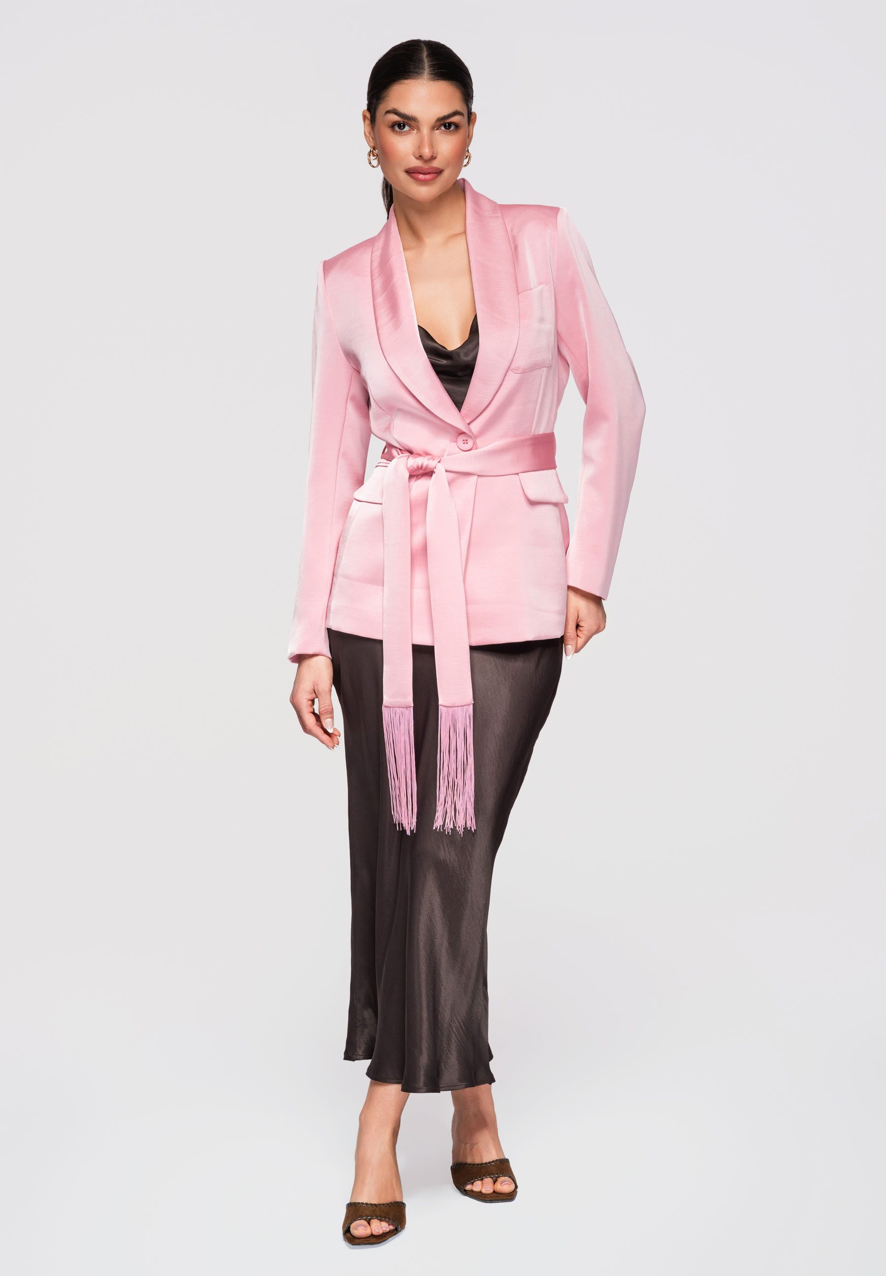 OMBRE Longblazer Damen Blazer Schalkragen Fransen Tailliert Pink M (kein Set, 1-tlg) Taillierter Schnitt mit Schalkragen und Fransen