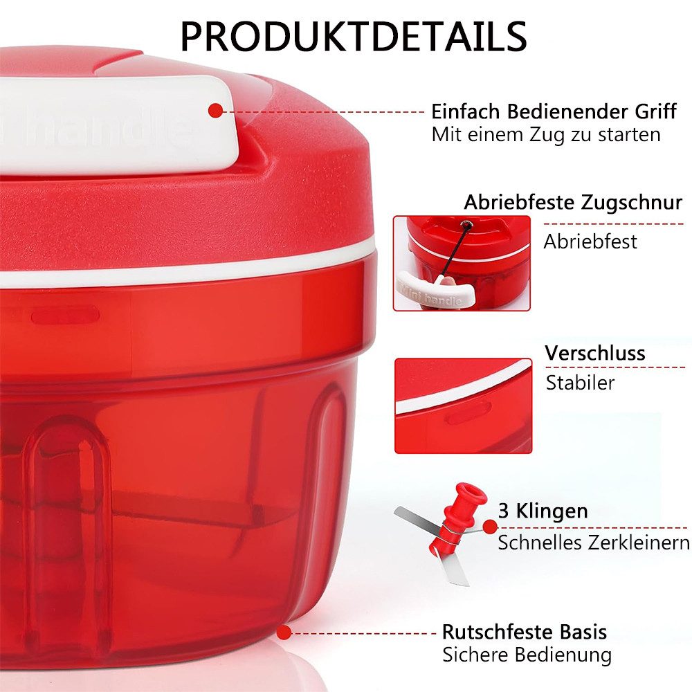 TUWENA Gemüsehacker GemüSeschneider, 300ML Manuell Zwiebel Zerkleinerer mit Seilzug, Für Chili/Zwiebeln/Gemüse/Nüsse/Fleisch/Knoblauch/Püree-Lebensmittel
