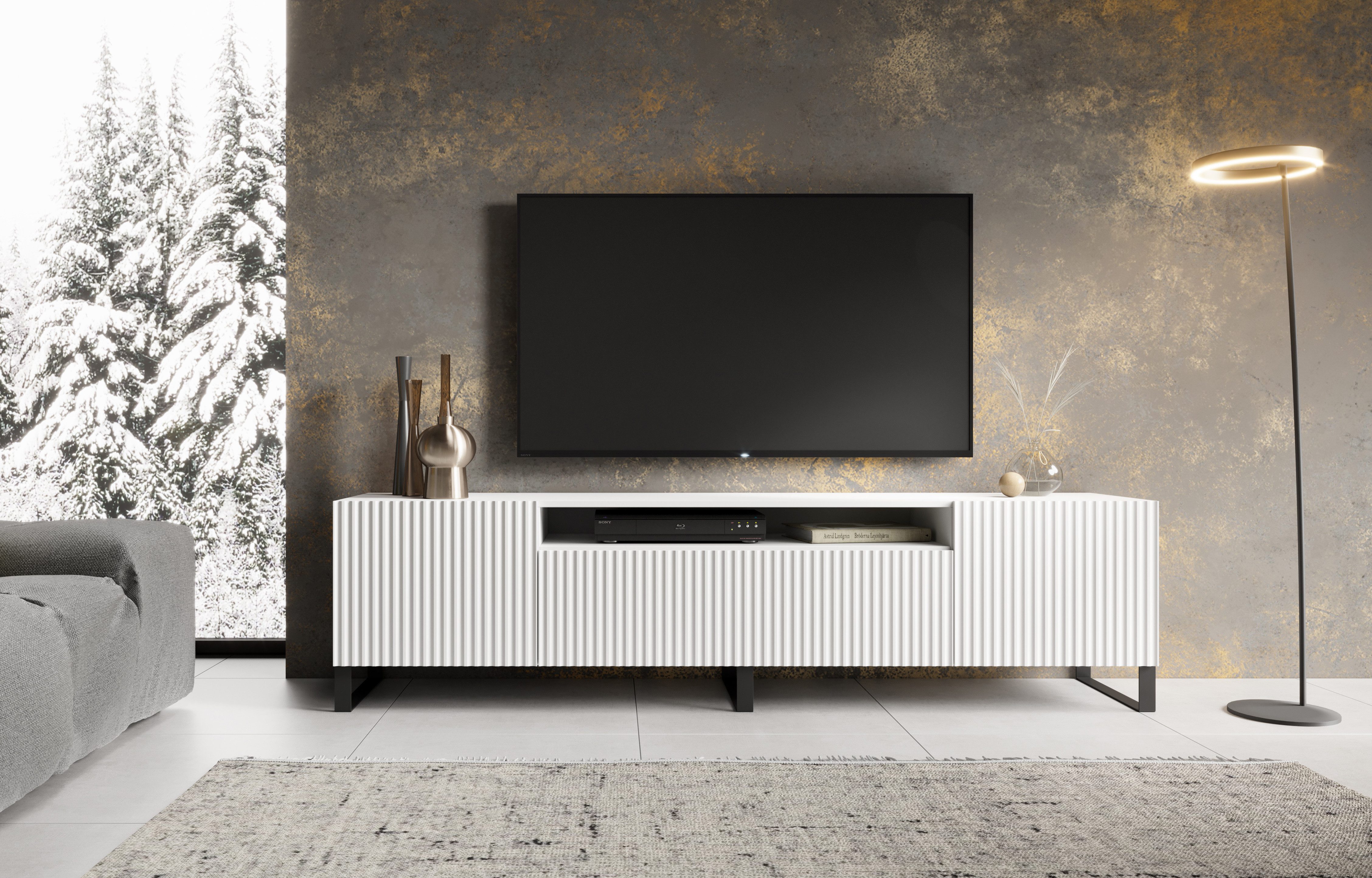 MOEBLO TV-Board VIRENO (TV-Schrank – modern, stehend oder hängend, mit geräumigen Fächern & stilvollen Fronten, 200 cm, verschiedene Farben), (BxHxT): 200 x 53 x 41 cm