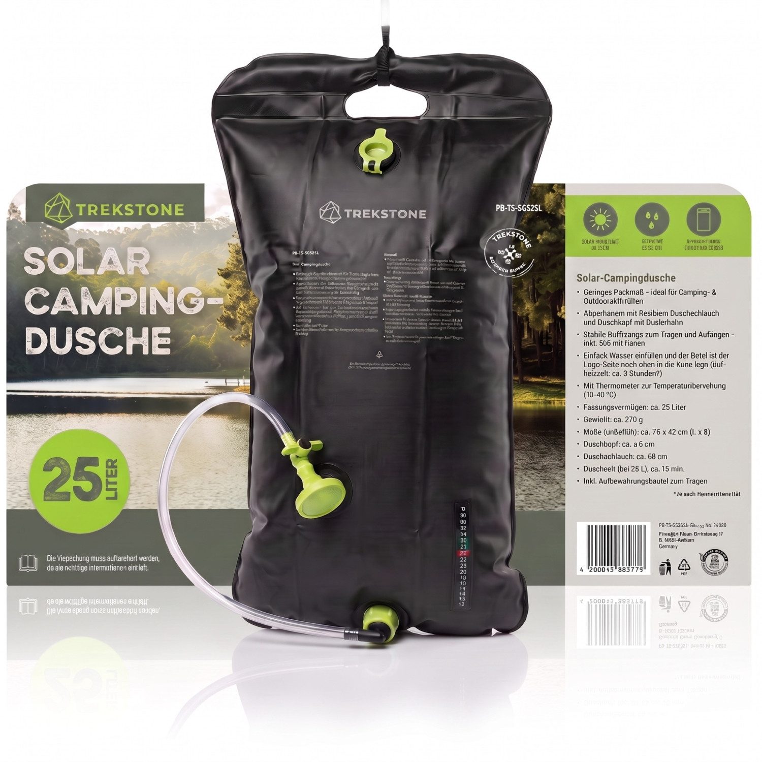 Kremer Solardusche Trekstone SOLAR-CAMPINGDUSCHE Außendusche Gartendusche Schwarz 25 L