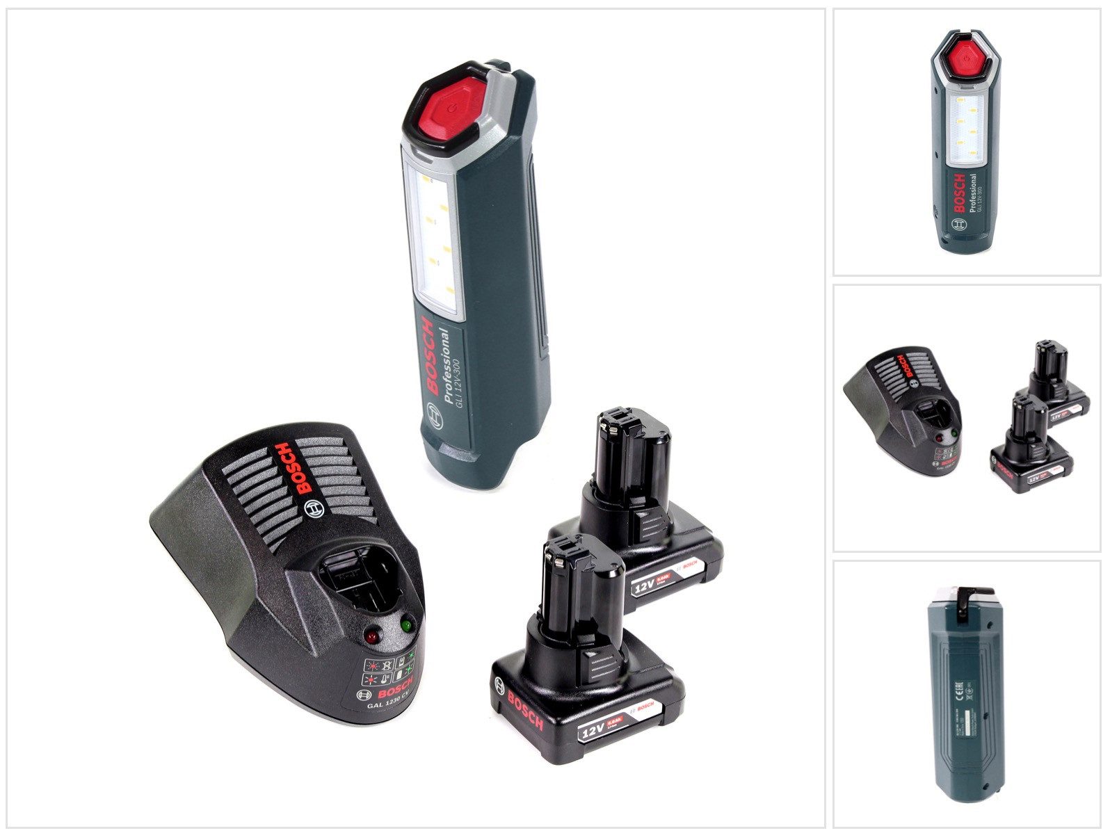 Bosch Professional Baustrahler GLI 12V-300 Akku Lampe + 2x GBA 12V 6,0 Ah Akku + GAL 1230 Ladegerät