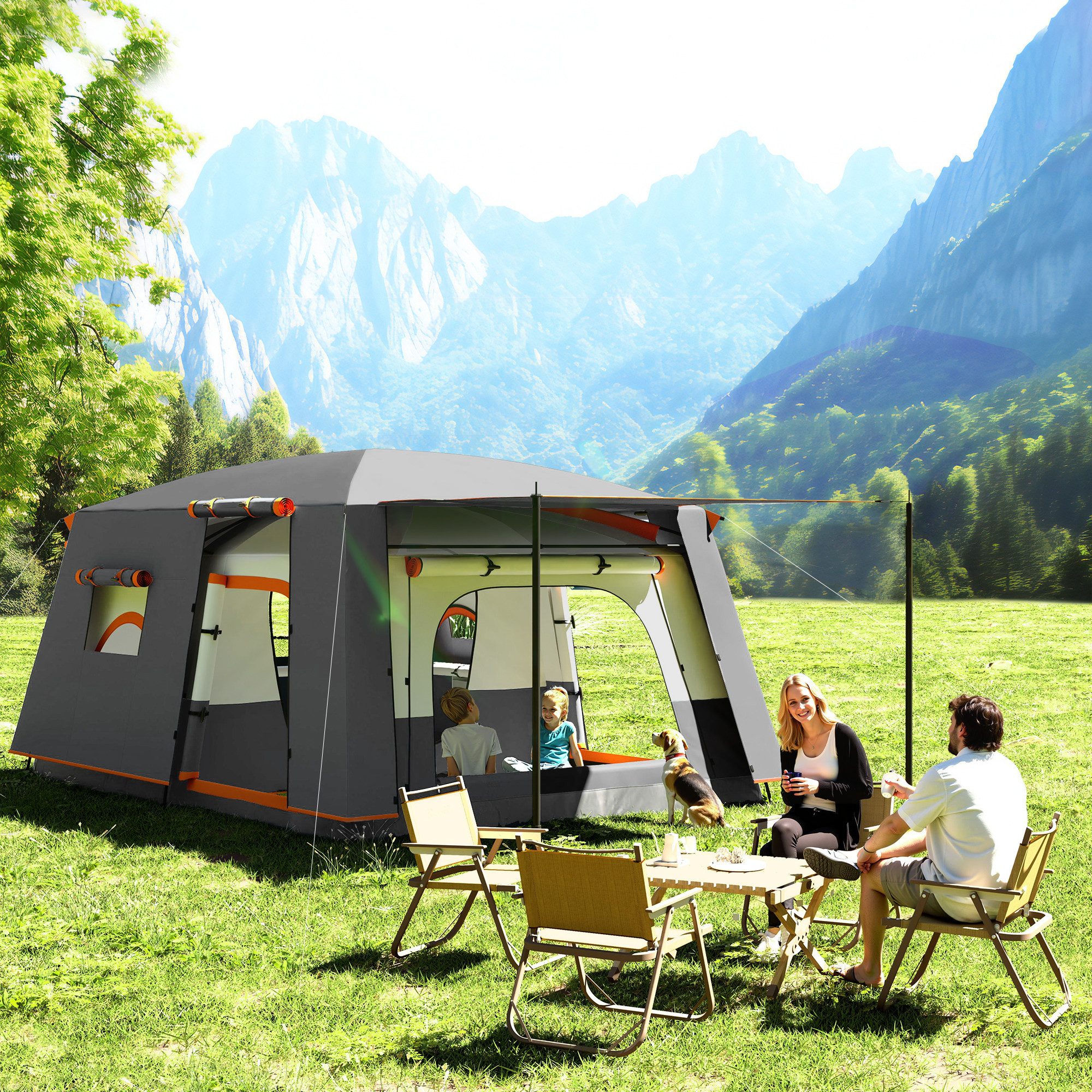 Outsunny Tunnelzelt mit Vordach, Bodenplane, Seitentür, Fenster, Packtasche, Personen: 6 (Campingzelt für 4-6 Personen, 1 tlg., wasserabweisend Familienzelt), für Camping Reise Garten