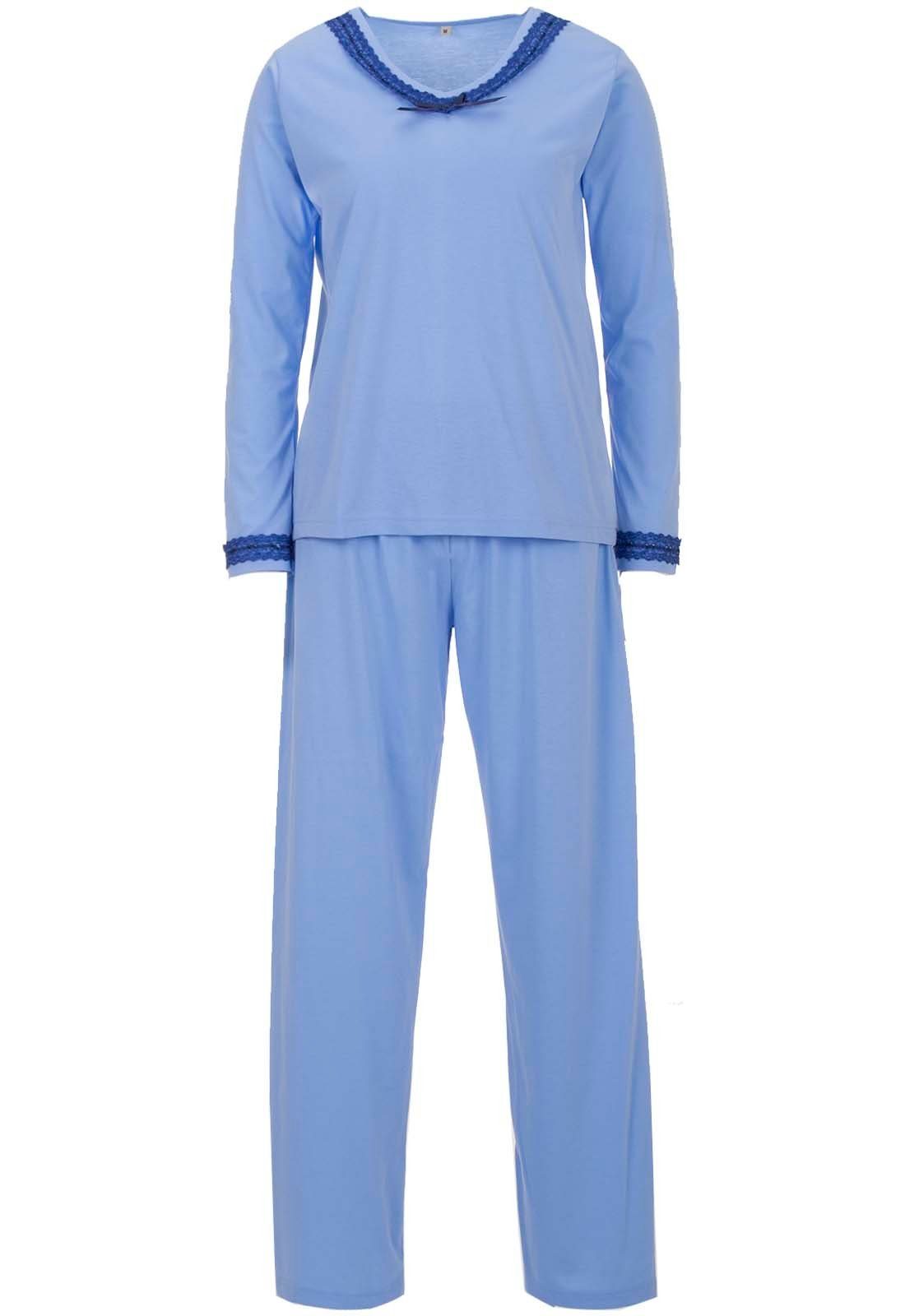 zeitlos Schlafanzug Pyjama Set Langarm - Spitze Uni blau