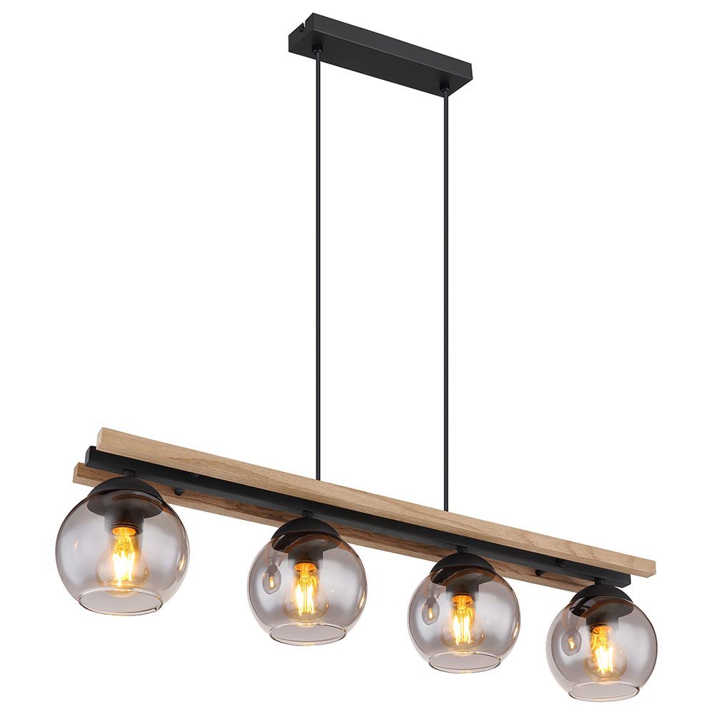 GLOBO LIGHTING Pendelleuchte, Leuchtmittel nicht inklusive, Hängelampe Wohnzimmerleuchte 4 Flammig Eichenholz Glas rauch L 120 cm