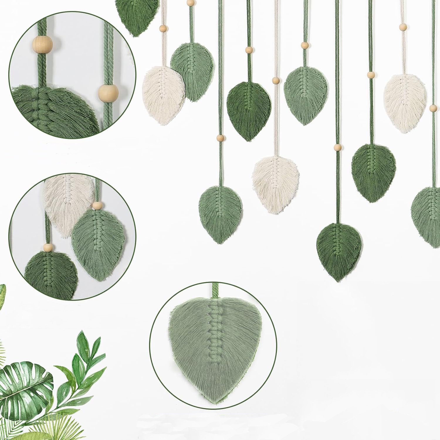 Coonoor Wanddekoobjekt Makramee Wandbehang Wandteppich Groß Boho Deko Makramee Blätter, Wandteppich Gewebtes Wandbehang Dekor für Schlafzimmer Wohnzimmer – Bild 3 von 5