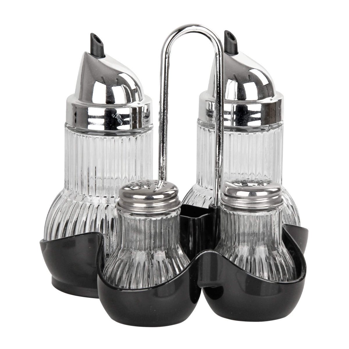 Menage-Set für Essig, Öl, Salz, Pfeffer aus Glas und Edelstahl