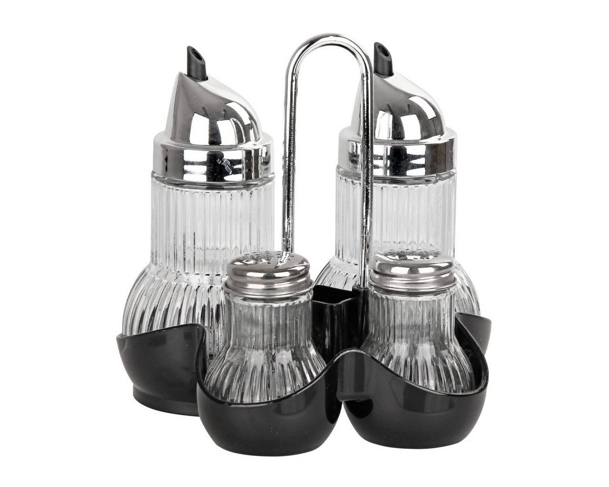 FACKELMANN Menage-Set für Essig, Öl, Salz, Pfeffer aus Glas und Edelstahl