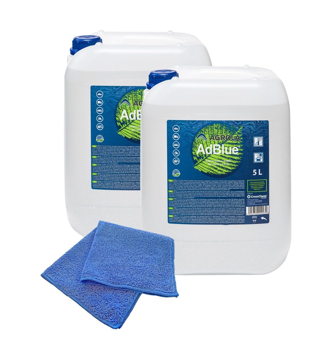 AGROLA Kanister 2x Kanister Adblue Harnstofflösung Ausgießer Agrola (Set, 2x Kanister Adblue und 1x Mikrofasertuch blau 30 x 30 cm)