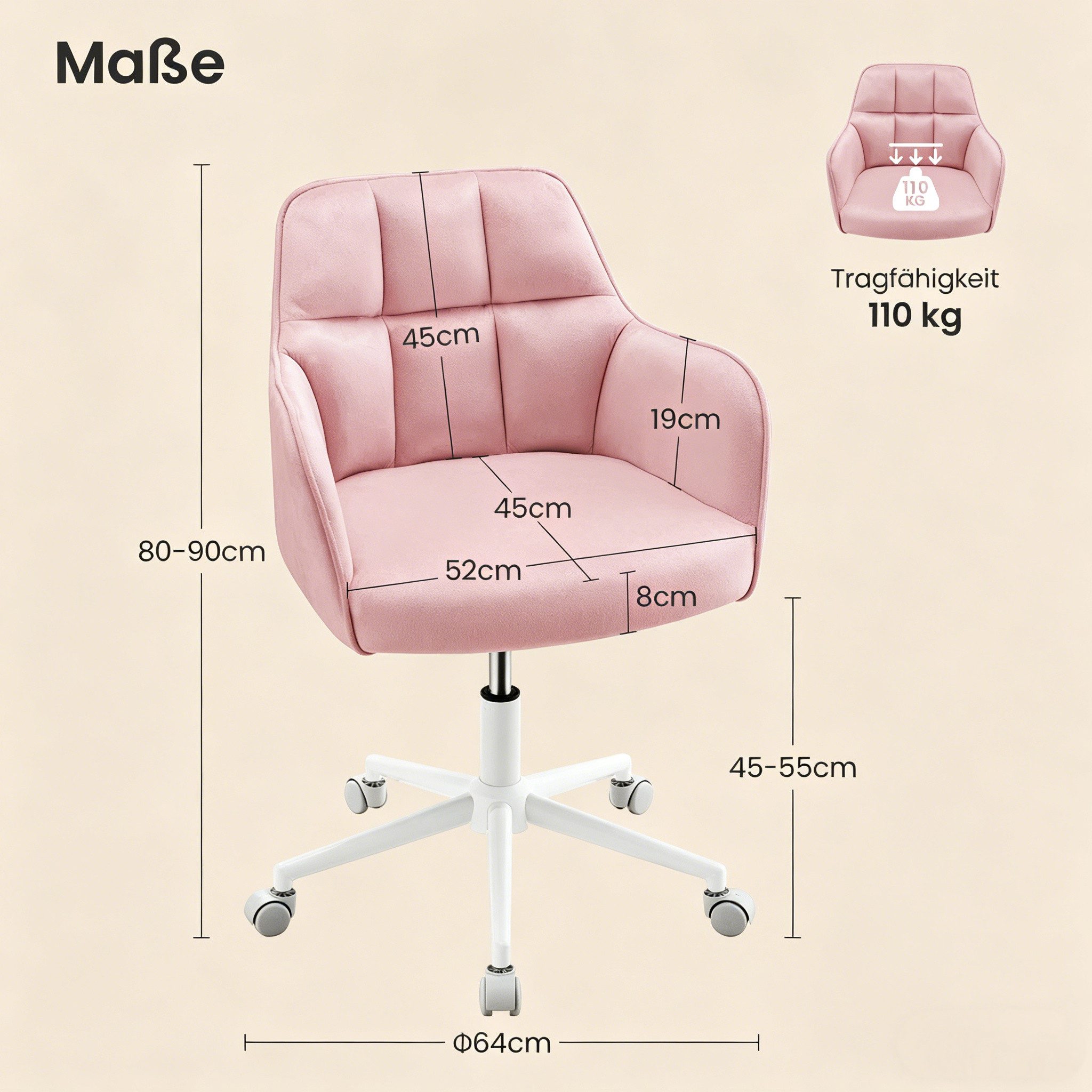 YOUDENOVA Bürostuhl mit Rollen, höhenverstellbarer, ergonomisch, 64x64x90cm (1 St), Höhenverstellbar & 360° Drehbar
