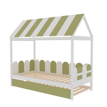 NMonet Hausbett Kinderbett 90x190cm (Für Jungen und Mädchen), Massivholzbett, Einzelbett, mit Dach und Ausziehbett, Lattenrost