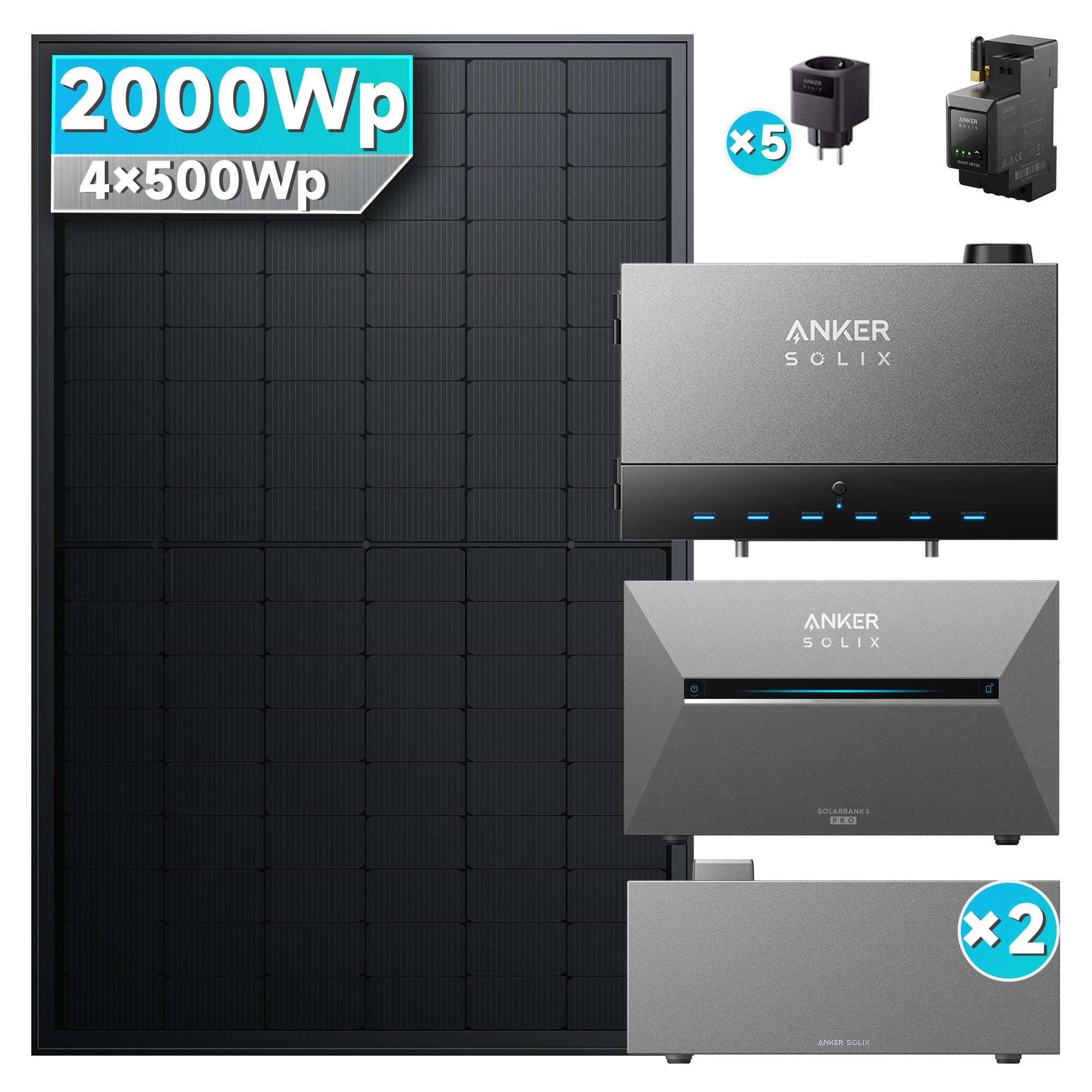 SolarMars Balkonkraftwerk mit Speicher 2000W mit Power Dock Solarbank Multisystem, (mit Anker Solix Solarbank 3 E2700 Pro und BP2700 (optional), 4x Solarmodule mit jeweils 500 W)