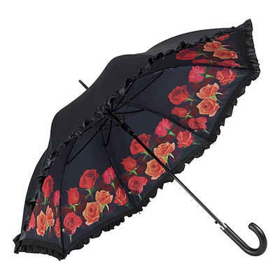 von Lilienfeld Stockregenschirm Rosenbouquet Blumen Motiv Doppelt bespannt außen schwarz, Rüschenkante, doppelt bespannt