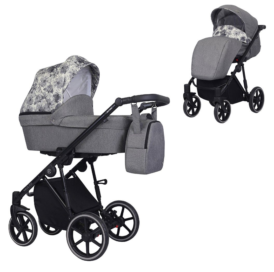 babies-on-wheels Kombi-Kinderwagen Molto 2 in 1 - 12 Teile - von Geburt bis 4 Jahre in 14 Designs Grau-Dekor = schwarzes Gestell
