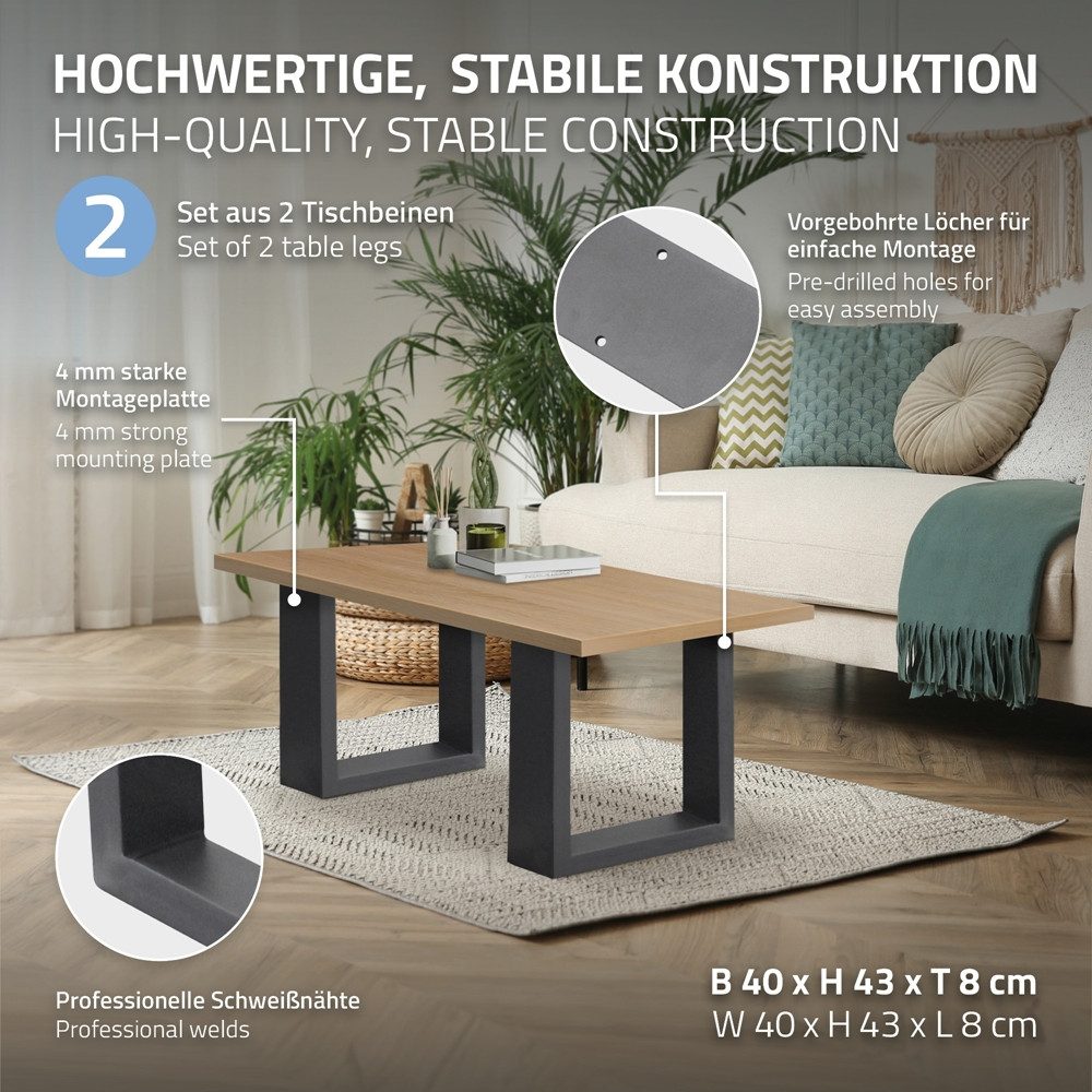 ECD Germany Tischbein 2x Tischkufen aus Vierkantprofilen aus pulverbeschichtetem Stahl, Tischgestell Bankkufen modernes Industriedesign Möbelfüße aus Metall