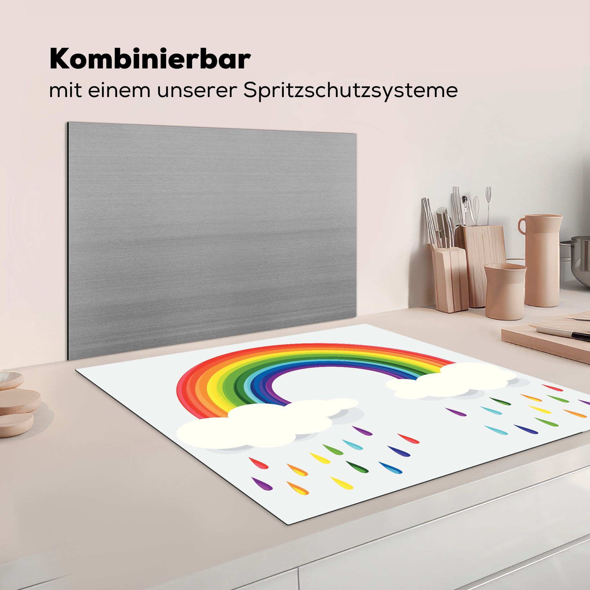 Vinyl, Arbeitsplatte küche Illustration Regenbogens für eines 78x78 Herdblende-/Abdeckplatte mit Eine (1 tlg), cm, Wolken Regenbogentropfen, Ceranfeldabdeckung, und MuchoWow