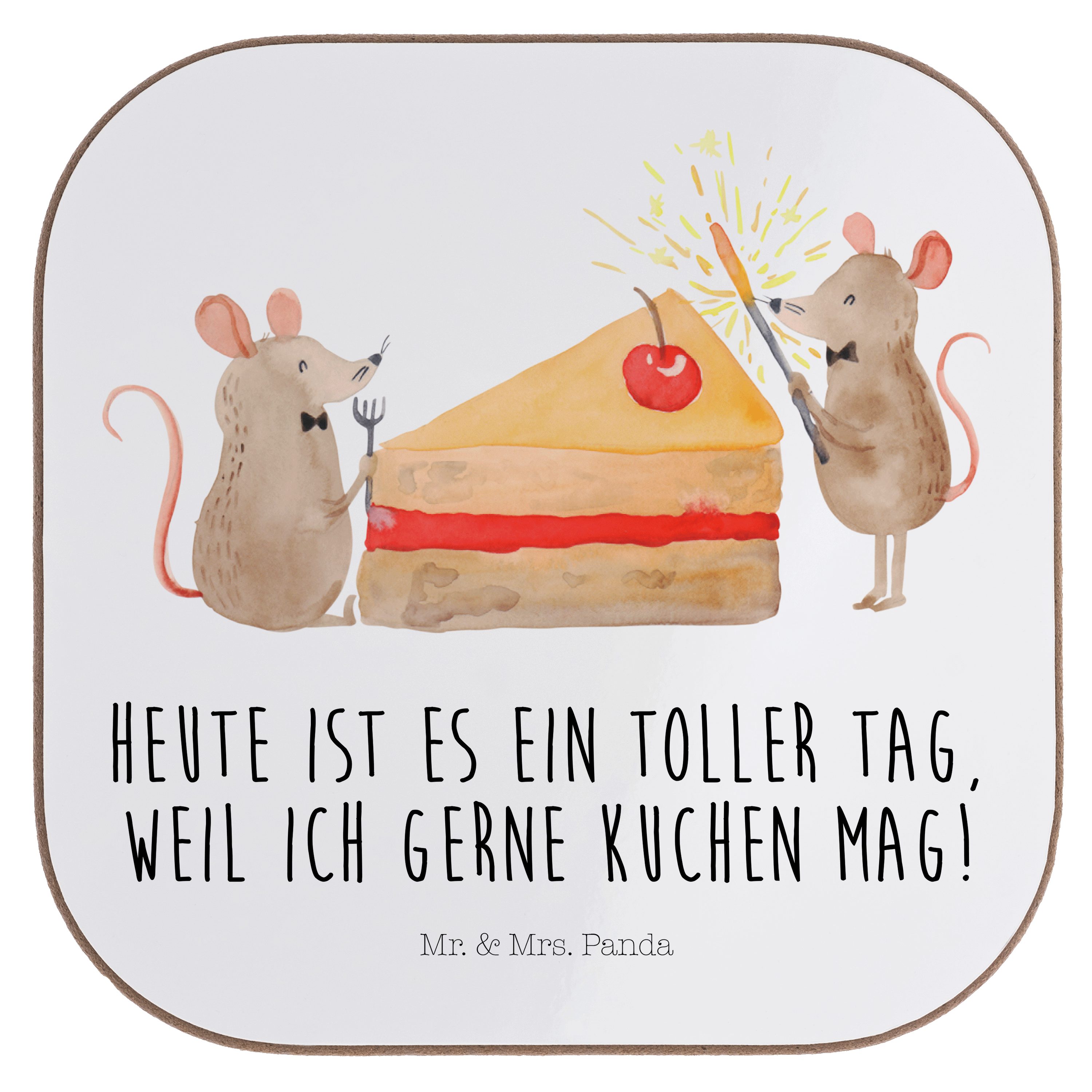 Mr. & Mrs. Panda Getränkeuntersetzer Mäuse Kuchen - Weiß - Geschenk, Kuchenstück, Maus, Geburtstag, Geträn, 1-tlg.