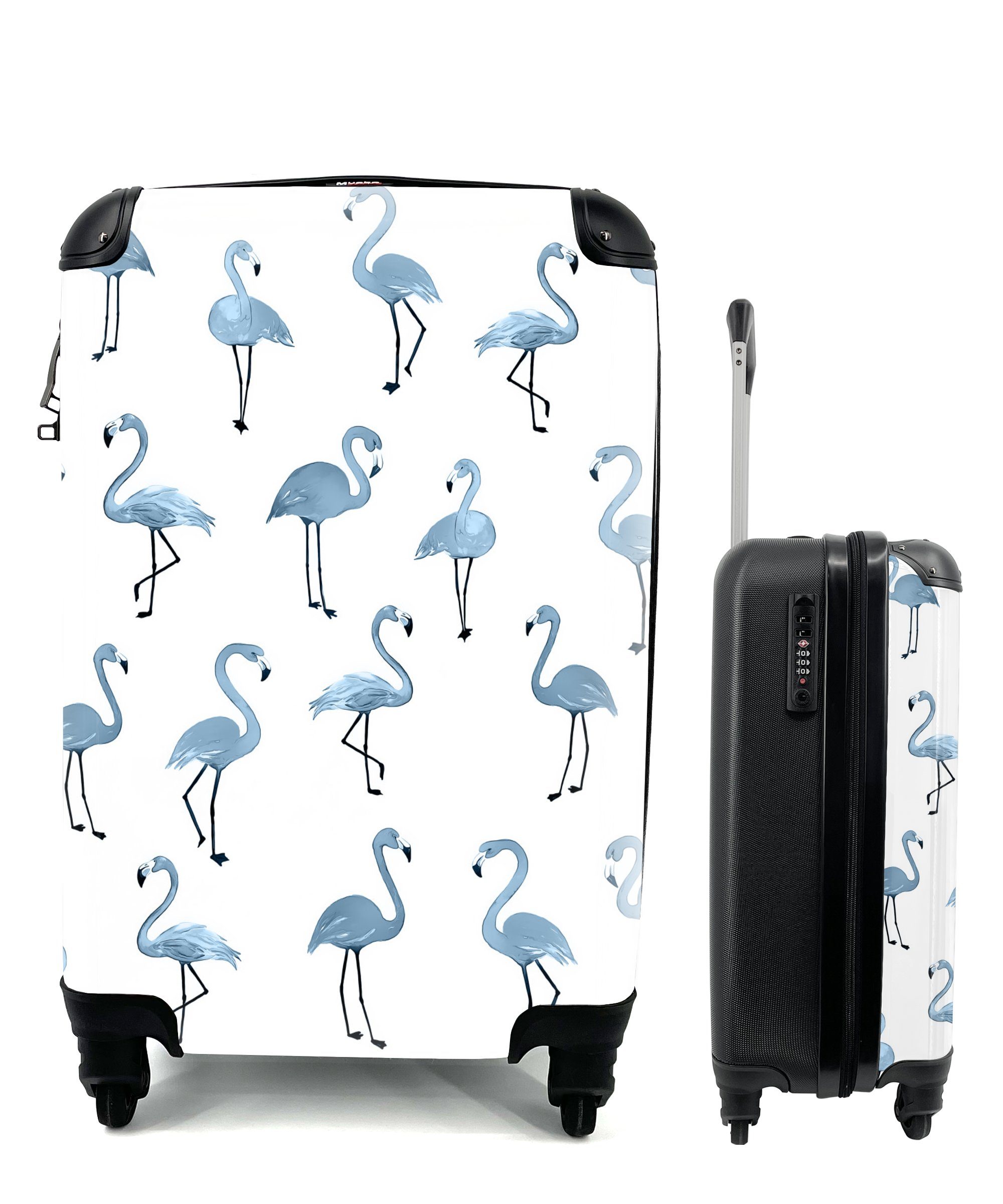MuchoWow Handgepäckkoffer Blau - Flamingo - Muster, 4 Rollen, Reisetasche mit rollen, Handgepäck für Ferien, Trolley, Reisekoffer