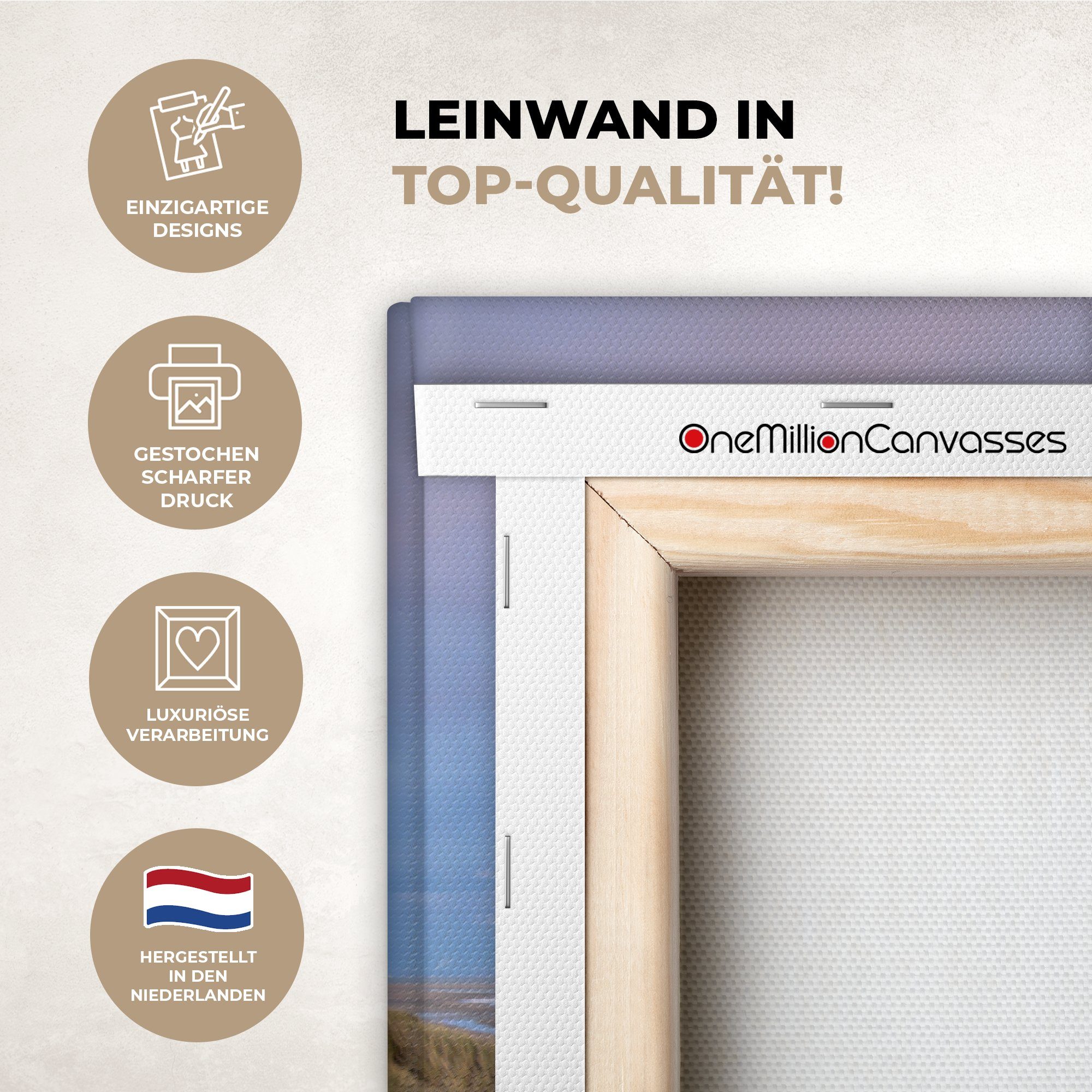 OneMillionCanvasses® Leinwandbild Strand - Meer - Dünen - Niederlande - Rosa, Fotodruck (1 St), Leinwand Bilder groß für Wohnzimmer 140x90 cm