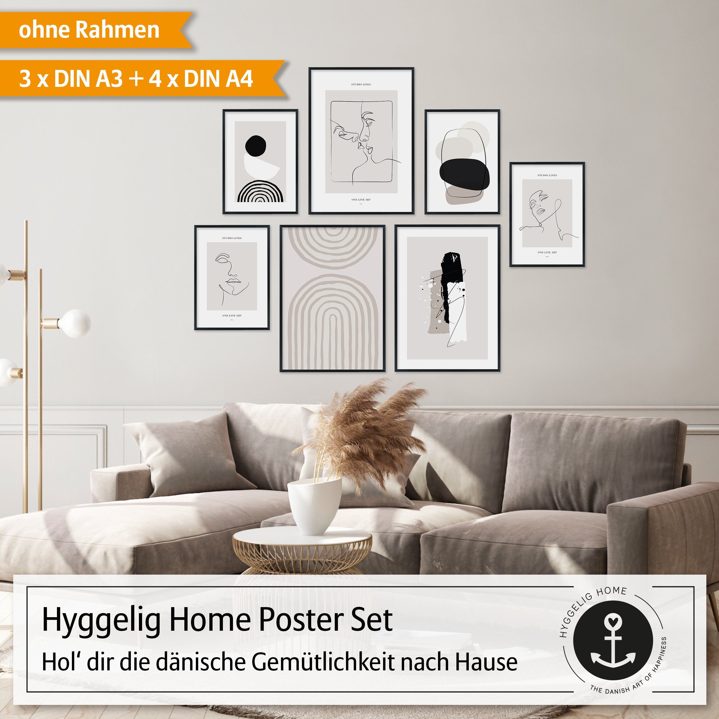 Hyggelig Home Poster Line Art, Premium Poster Set OHNE & MIT Rahmen - Wandbild schwarz weiß, Linien (Set, 7 St), Collage Gesichter Qualitätsdruck auf dickem Papier