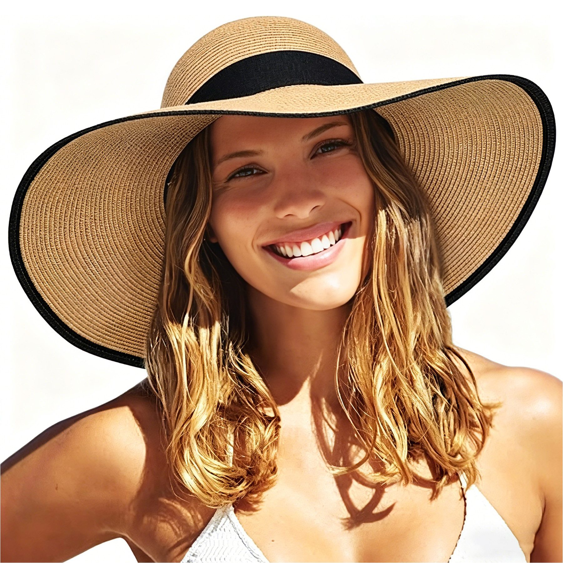 Mutig Strohhut Damen Breit Krempe Strohhut, Faltbarer Schutz Strandhut Sommerhut (Elegant Sommer Hut Sonnenhüte, Leicht, Atmungsaktiv) für Reisen Urlaub Strand