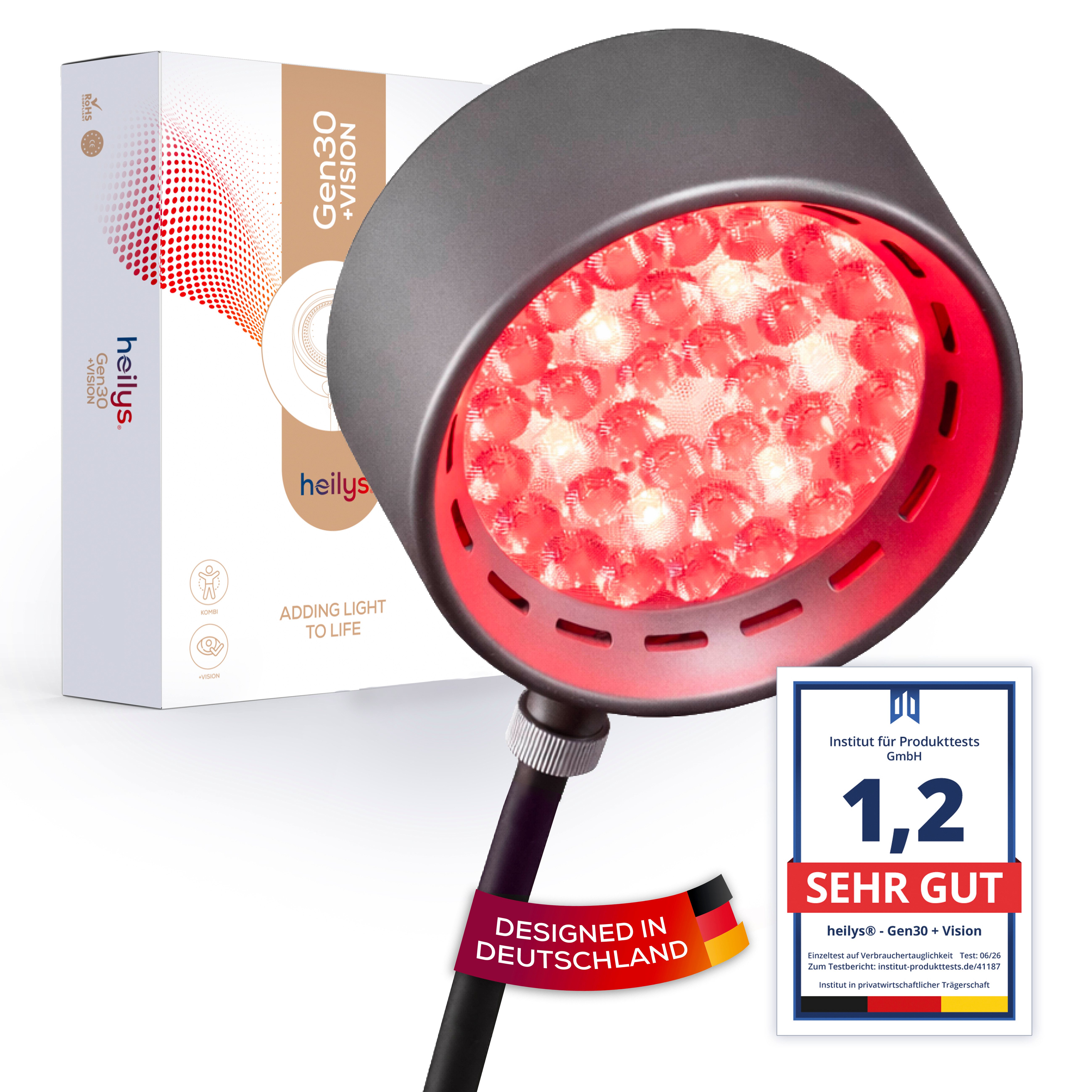 heilys® Infrarotlampe Gen30 + Vision, 1-tlg., bei Erkältung, für Gesicht, Augen und Gelenke, höhenverstellbar, flexibler Lampenkopf, Augen-Modus, mit Fernbedienung